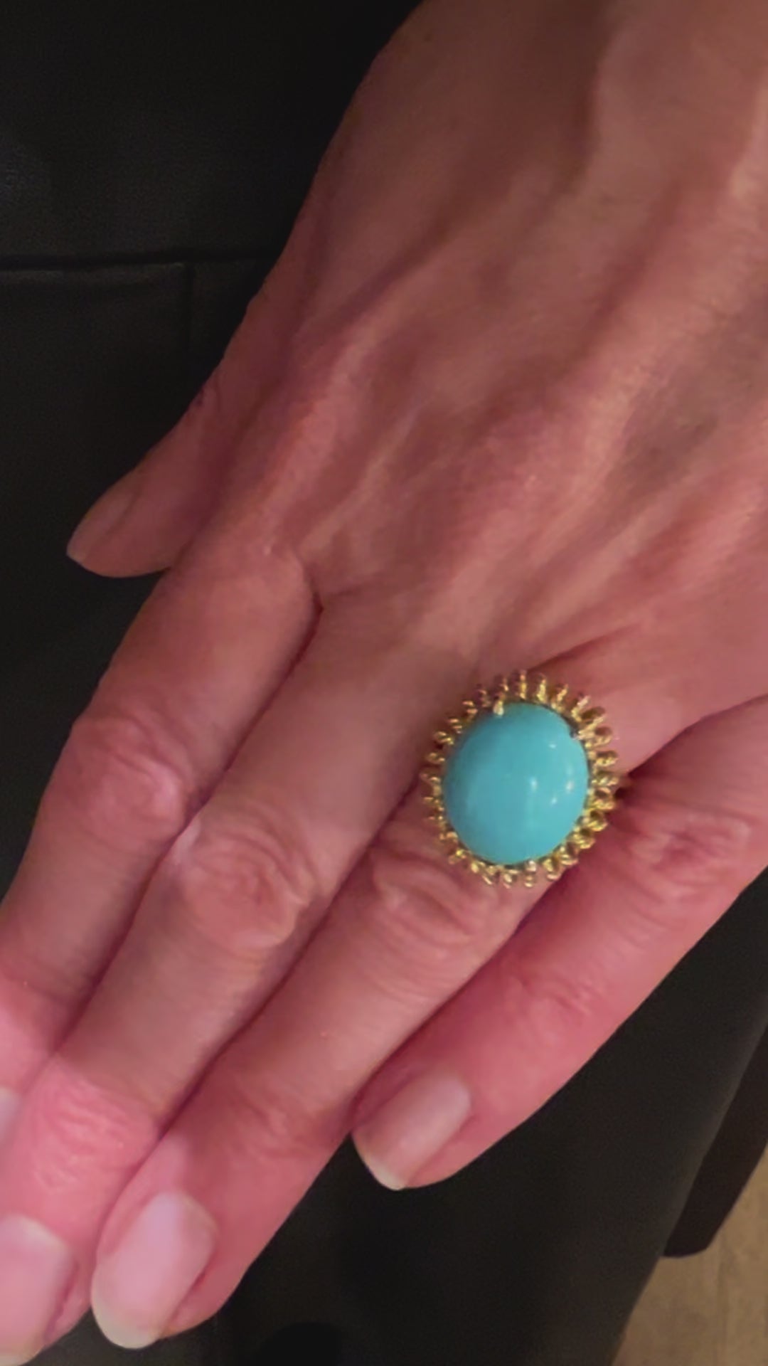 Bague Oursin Vintage Cabochon Turquoise Or Jaune 18 Carats