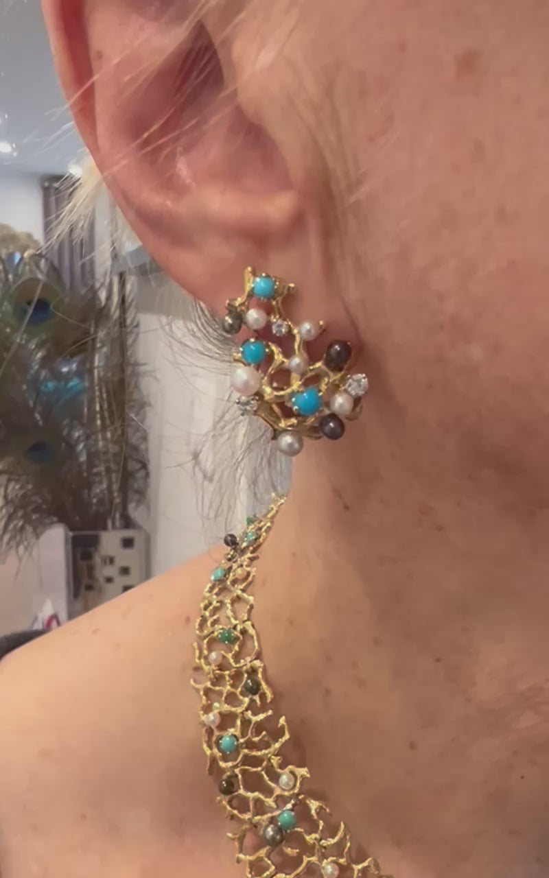 Clips d'Oreilles Gilbert Albert Turquoises Diamants Perles Or jaune 18 carats