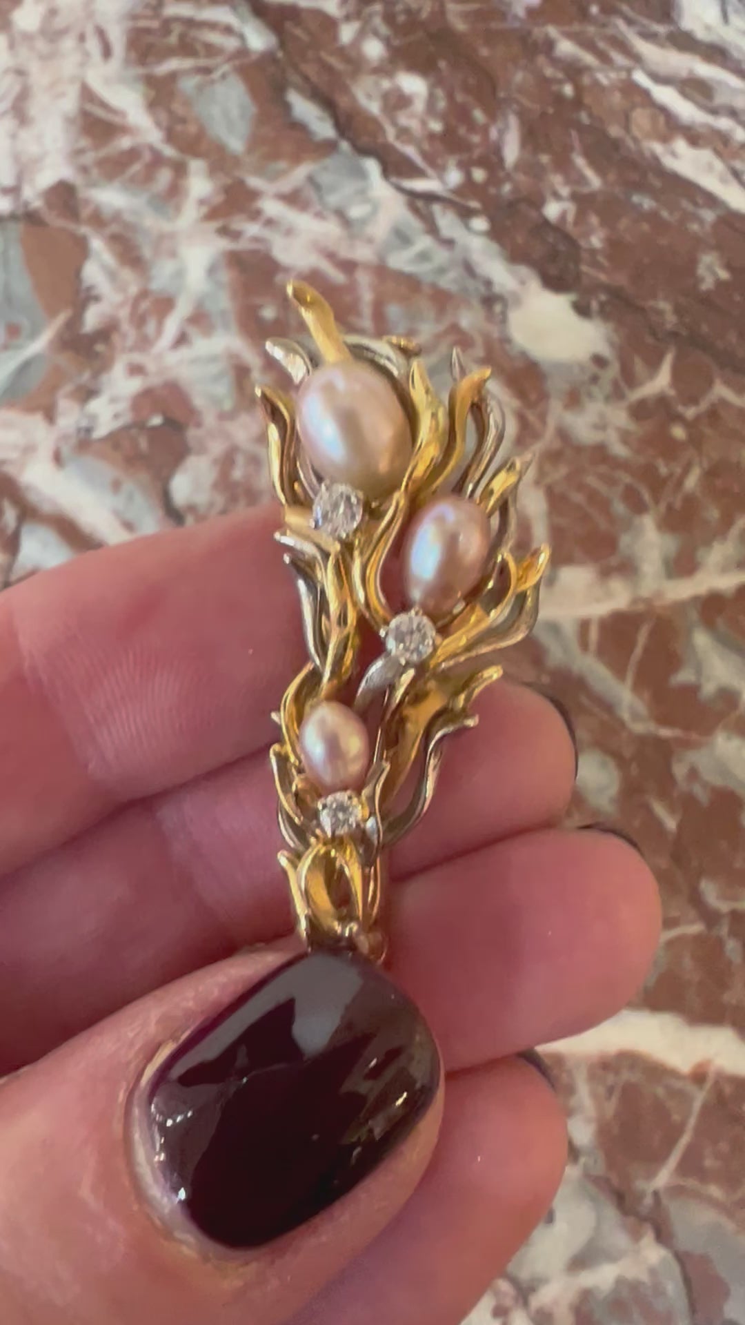 Gilbert Albert Pearls Diamonds 18 Carat Yellow Gold Seaweed Brooch