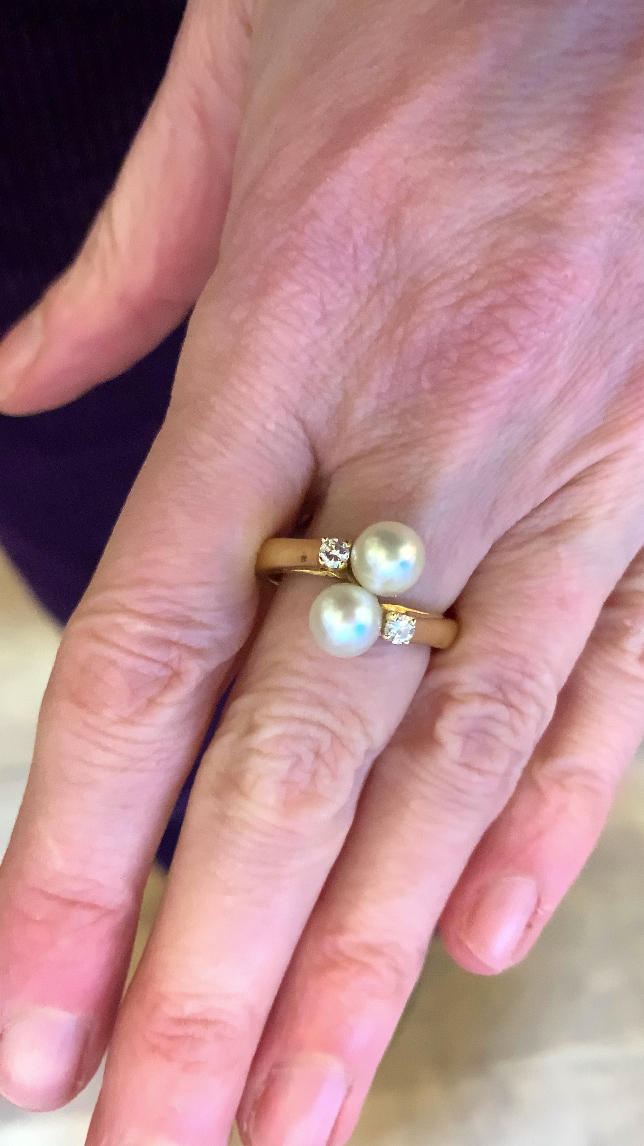 Bague Toi & Moi Perles Diamants Or Jaune 18 Carats