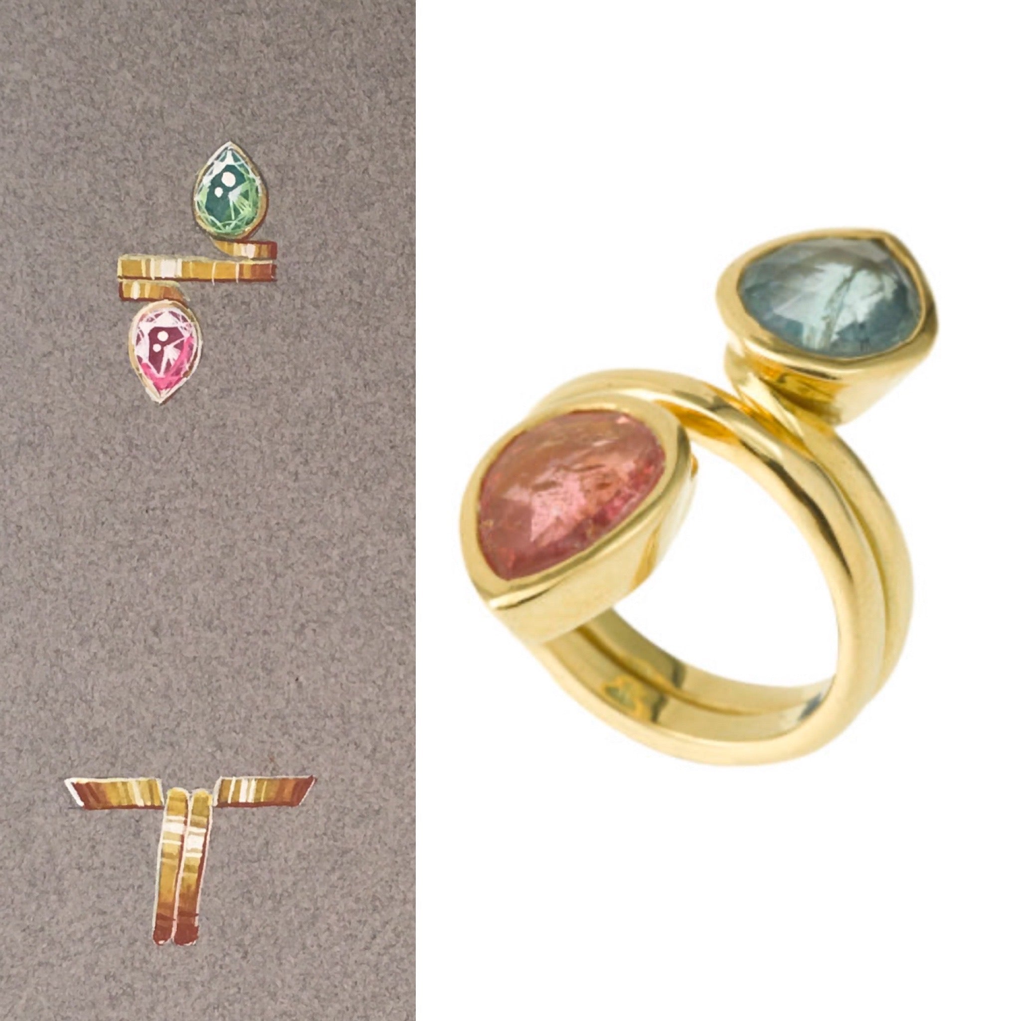 Pear Shaped Pink and Green Tourmaline Toi et Moi 18K Yellow Gold Ring