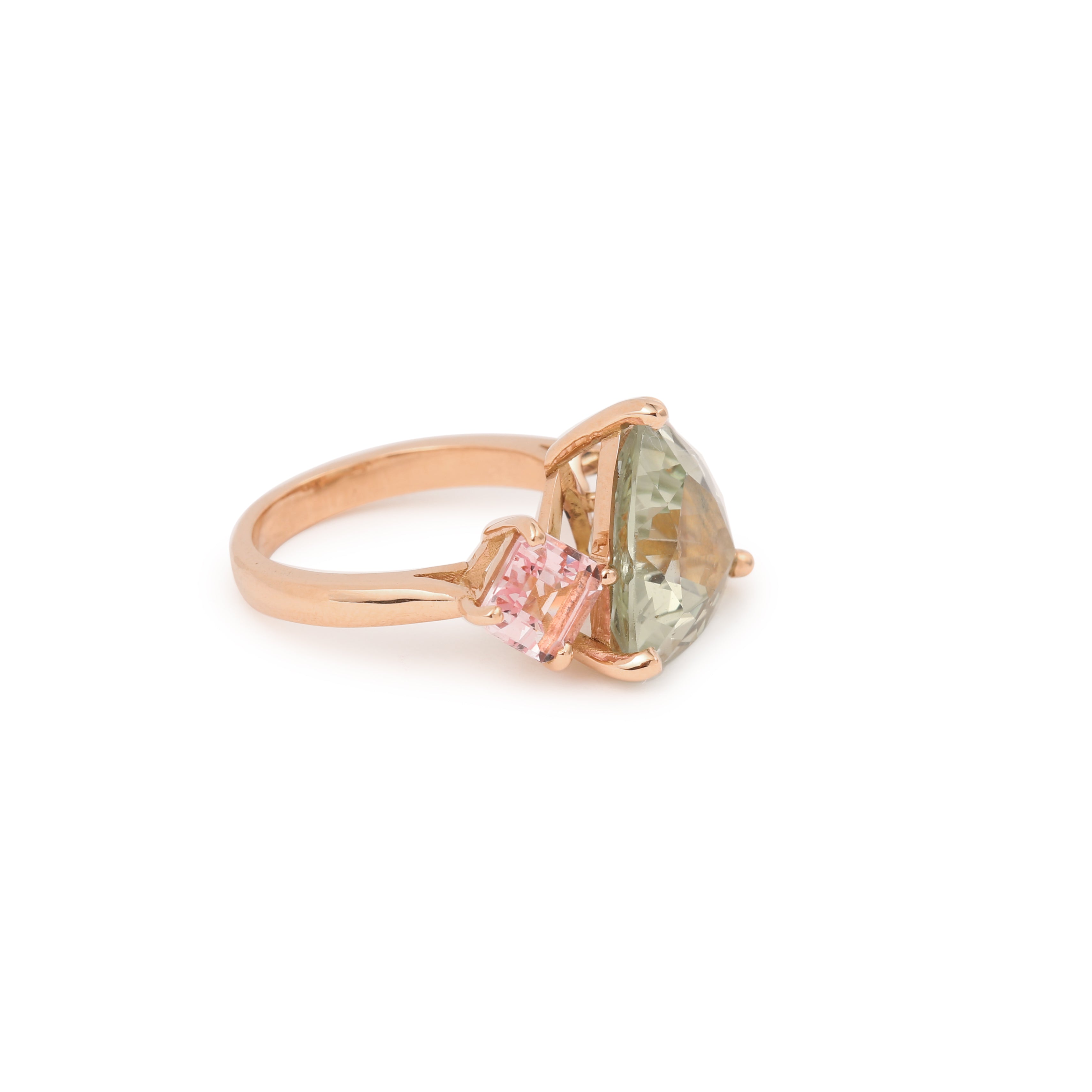 5 Carats Trillion Green Beryl Morganites 18 Carats Rose Gold Trilogy Cocktail Ring