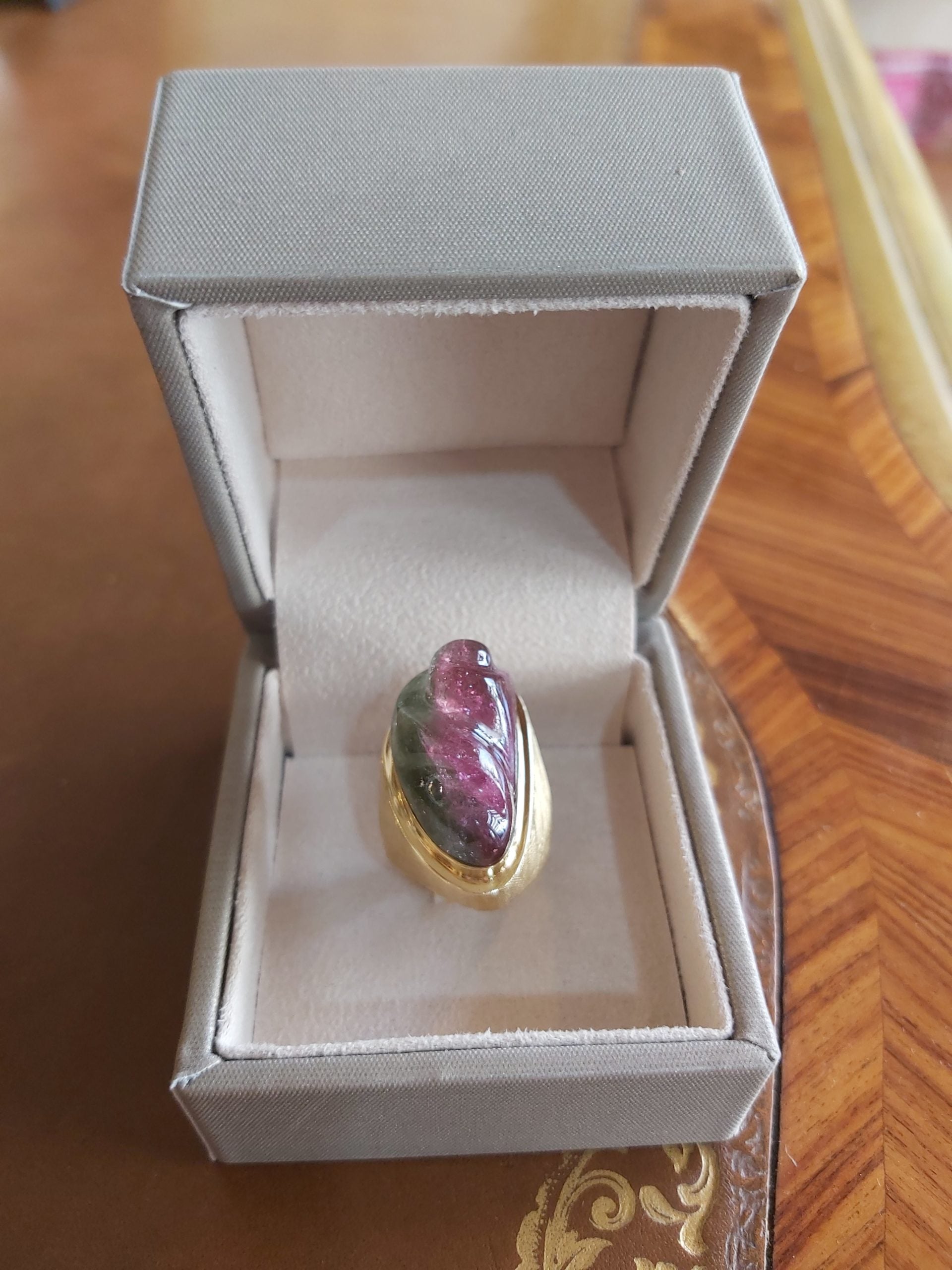 Watermelon Tourmaline 14 Carats Yellow Gold Cocktail Ring