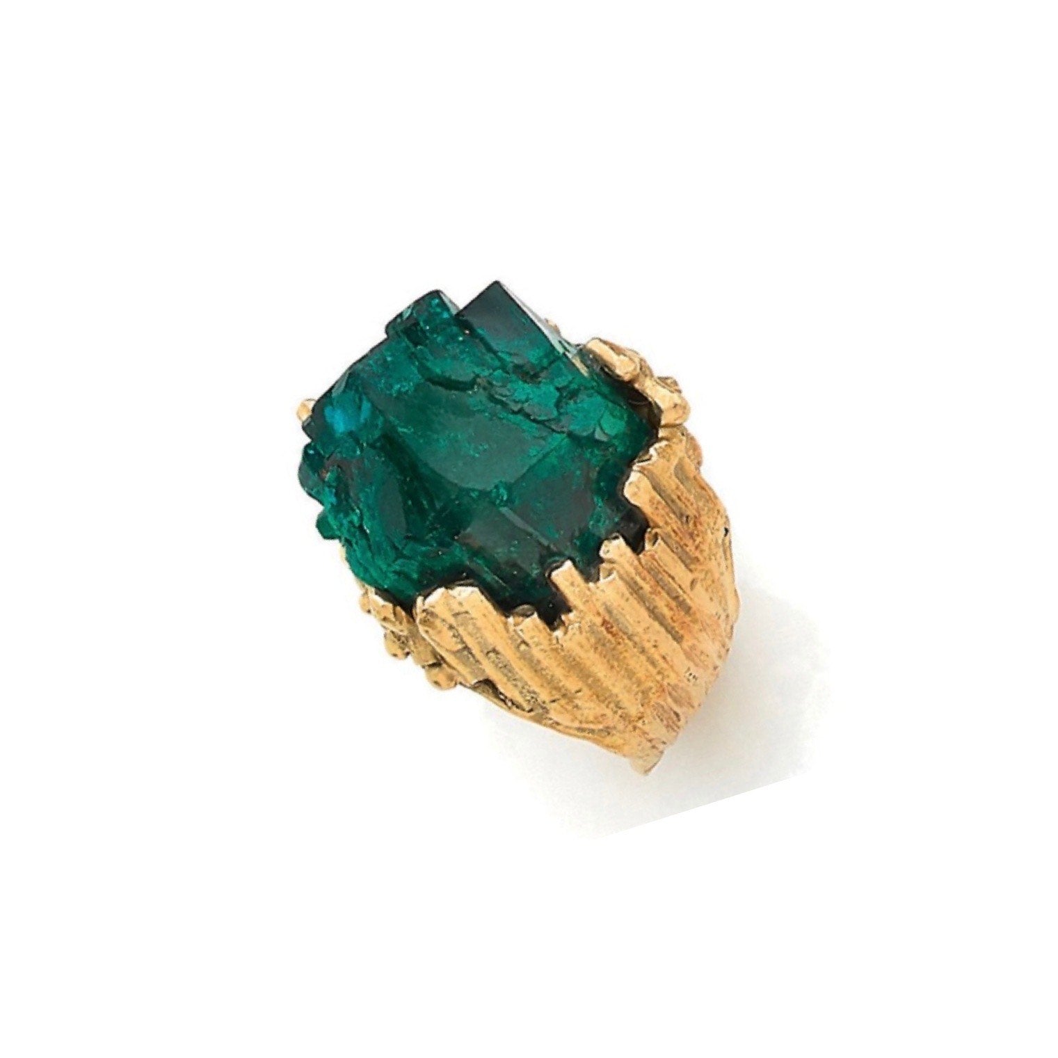 Roland Schad Rough Dioptase 18 Carat Yellow Gold Granite Ring