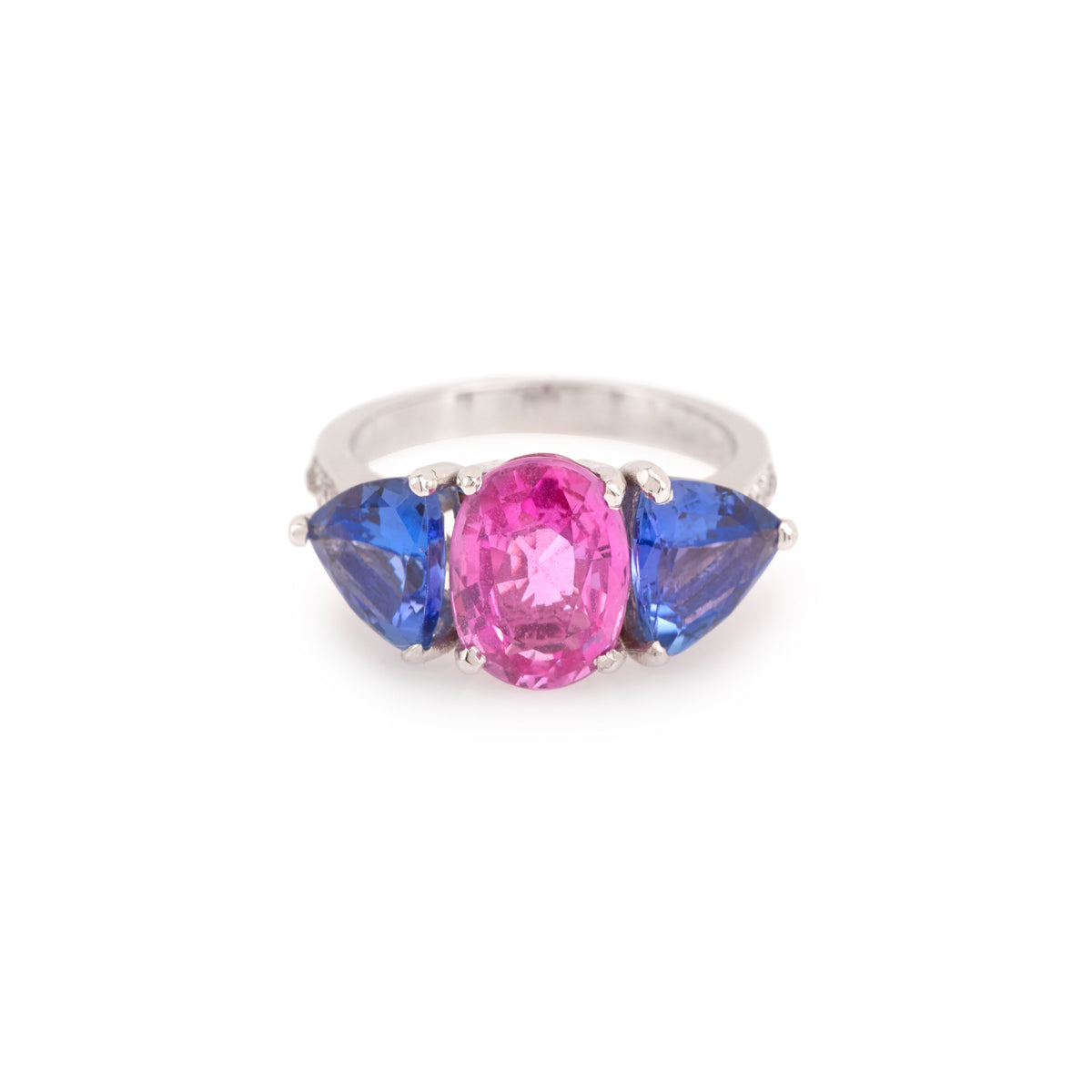 Bague Saphir Rose Tanzanites Diamants Or Gris 18 Carats