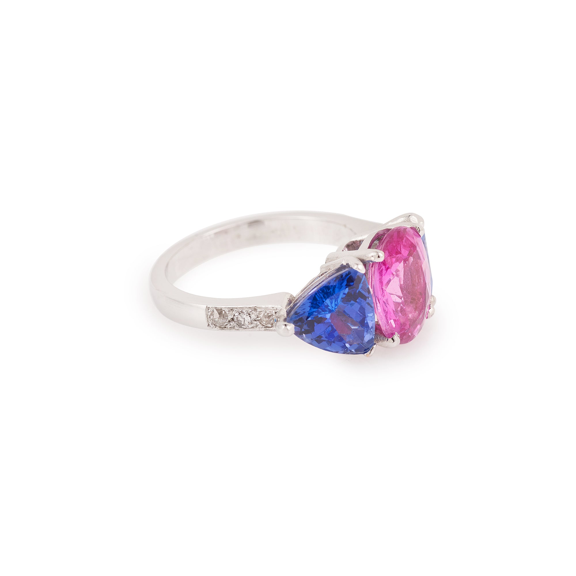Pink Sapphire Tanzanites Diamonds 18 Carats White Gold Ring