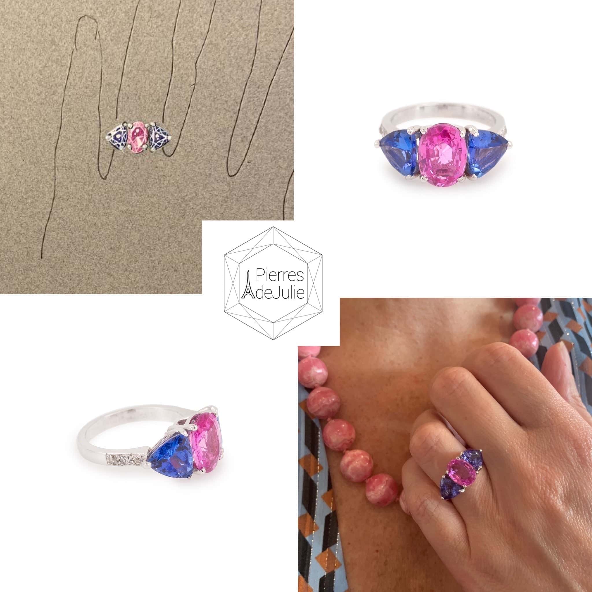 Bague Saphir Rose Tanzanites Diamants Or Gris 18 Carats