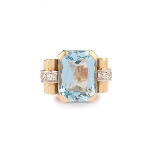 Bague Tank Retro Aigue Marine 12 Carats Diamants Or Rose 18 Carats