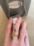 Pear Shaped Pink and Green Tourmaline Toi et Moi 18K Yellow Gold Ring