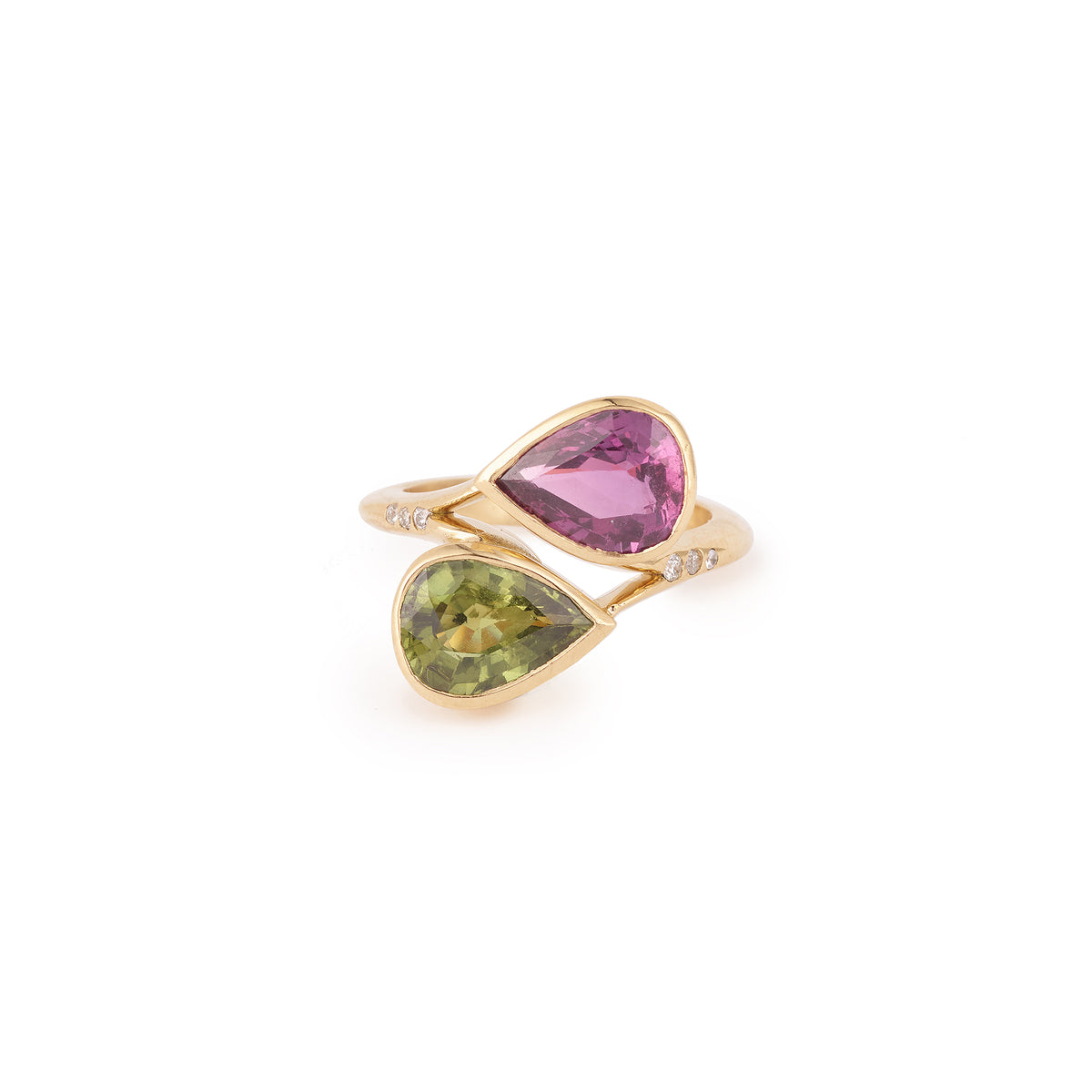 Pear Cut Pink Sapphire & Green Sapphire Diamonds 18 Carats Yellow Gold Ring