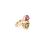 Pear Cut Pink Sapphire & Green Sapphire Diamonds 18 Carats Yellow Gold Ring