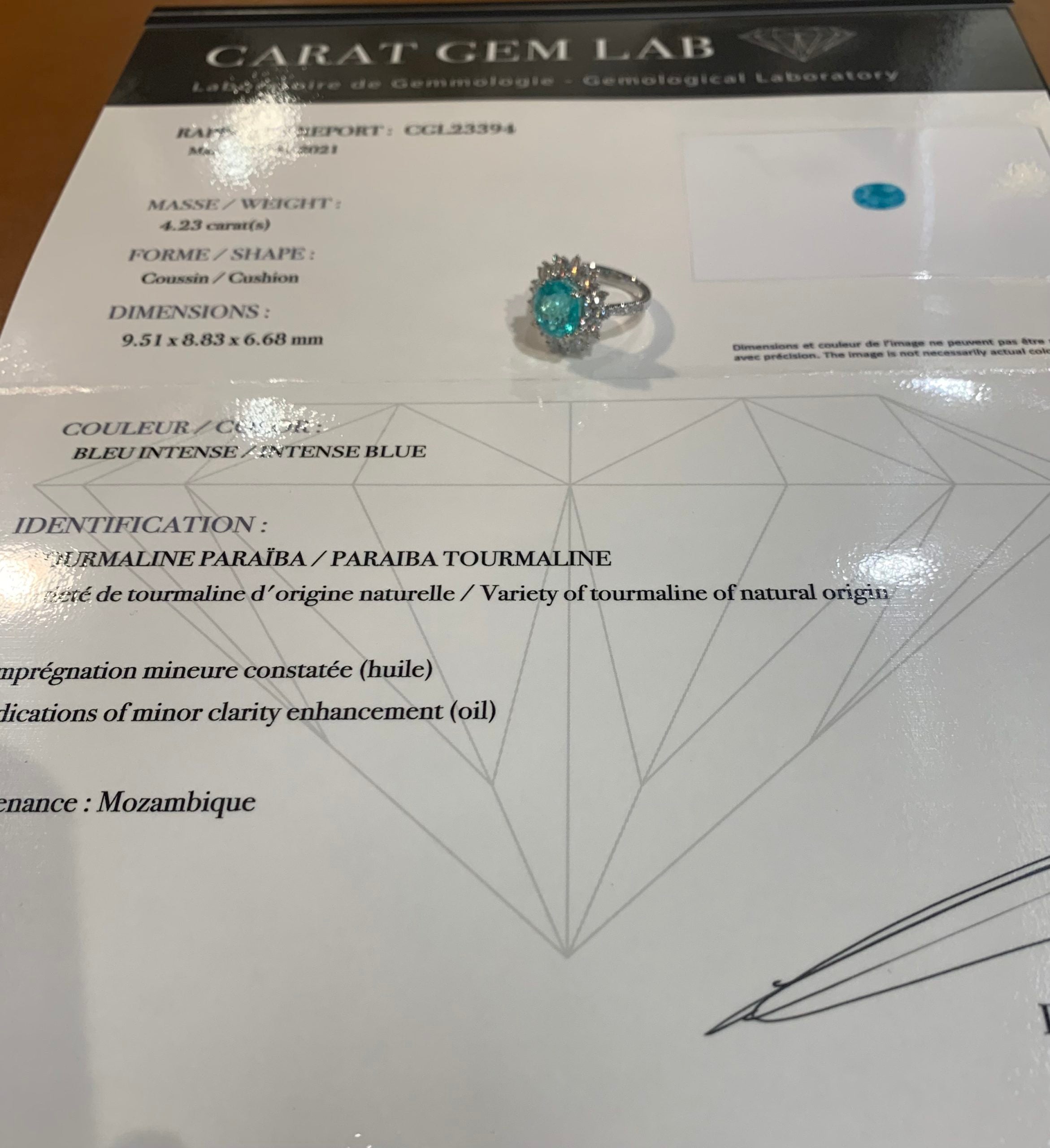 Certified 4.22 Carats Paraïba Tourmaline 1.60 Carats Diamonds 18K White Gold Ring