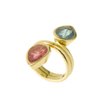 Pear Shaped Pink and Green Tourmaline Toi et Moi 18K Yellow Gold Ring