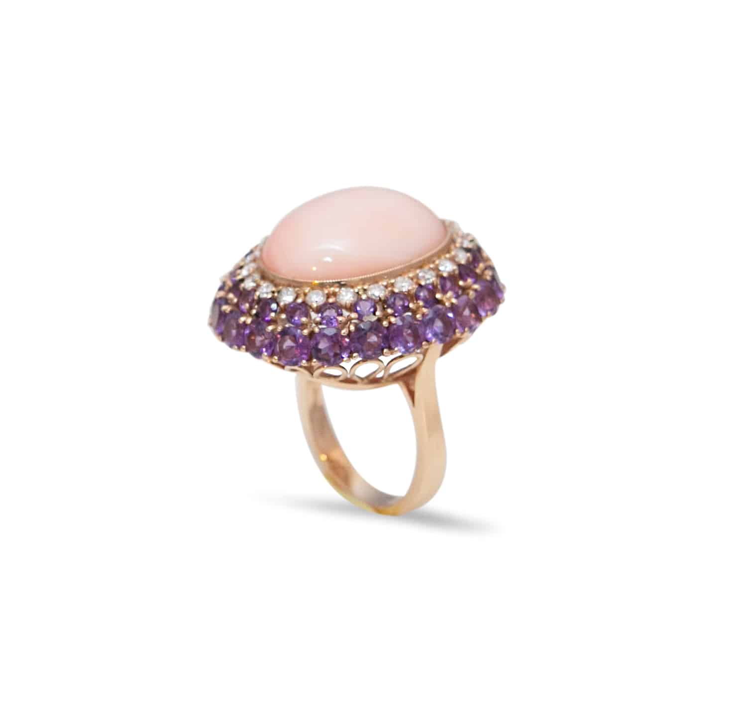 Pink coral , amethysts and diamonds 18K Yellow Gold cocktail ring