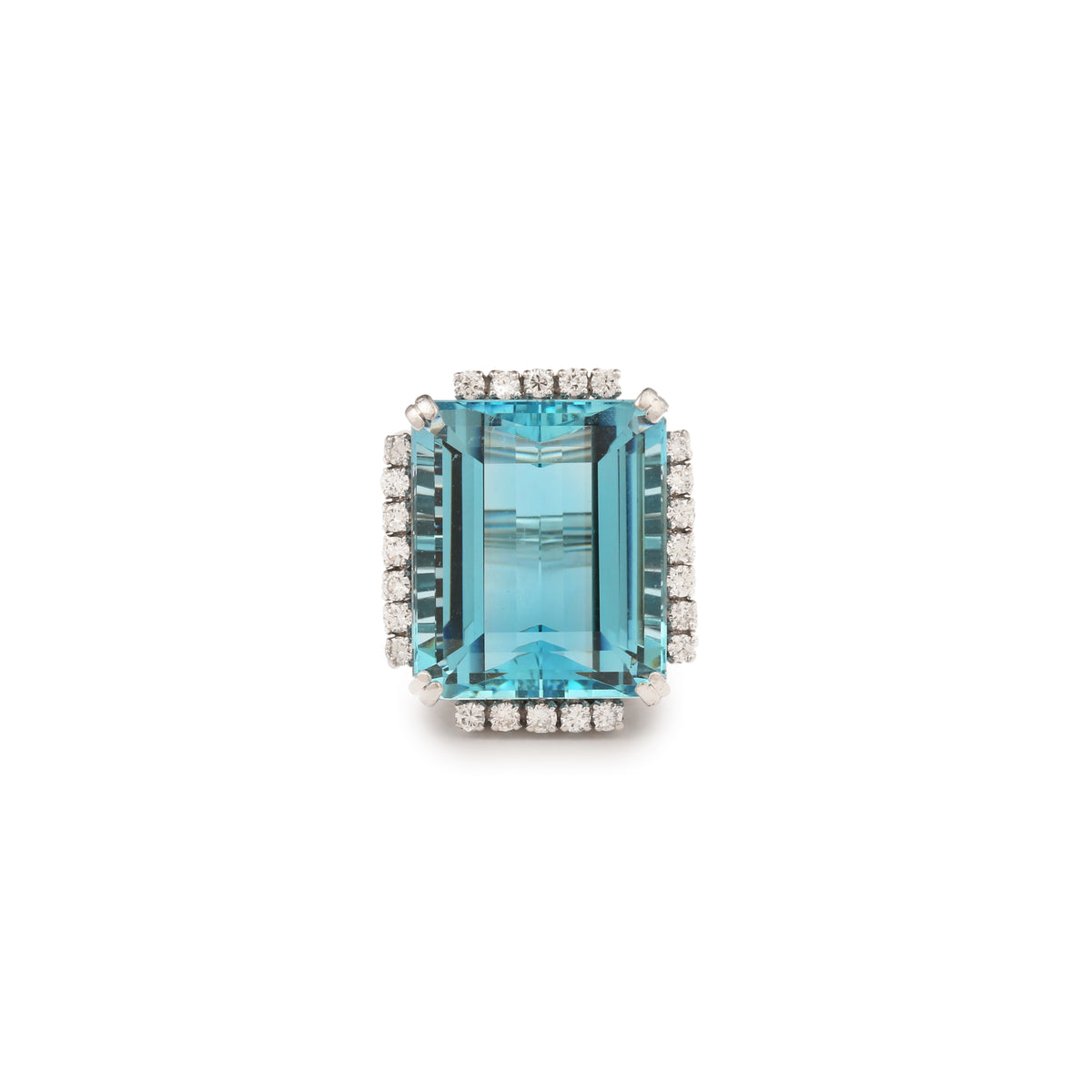 Bague Vintage Cocktail Aigue-Marine Santa Maria 34 Carats Diamants Or Gris 18 Carats