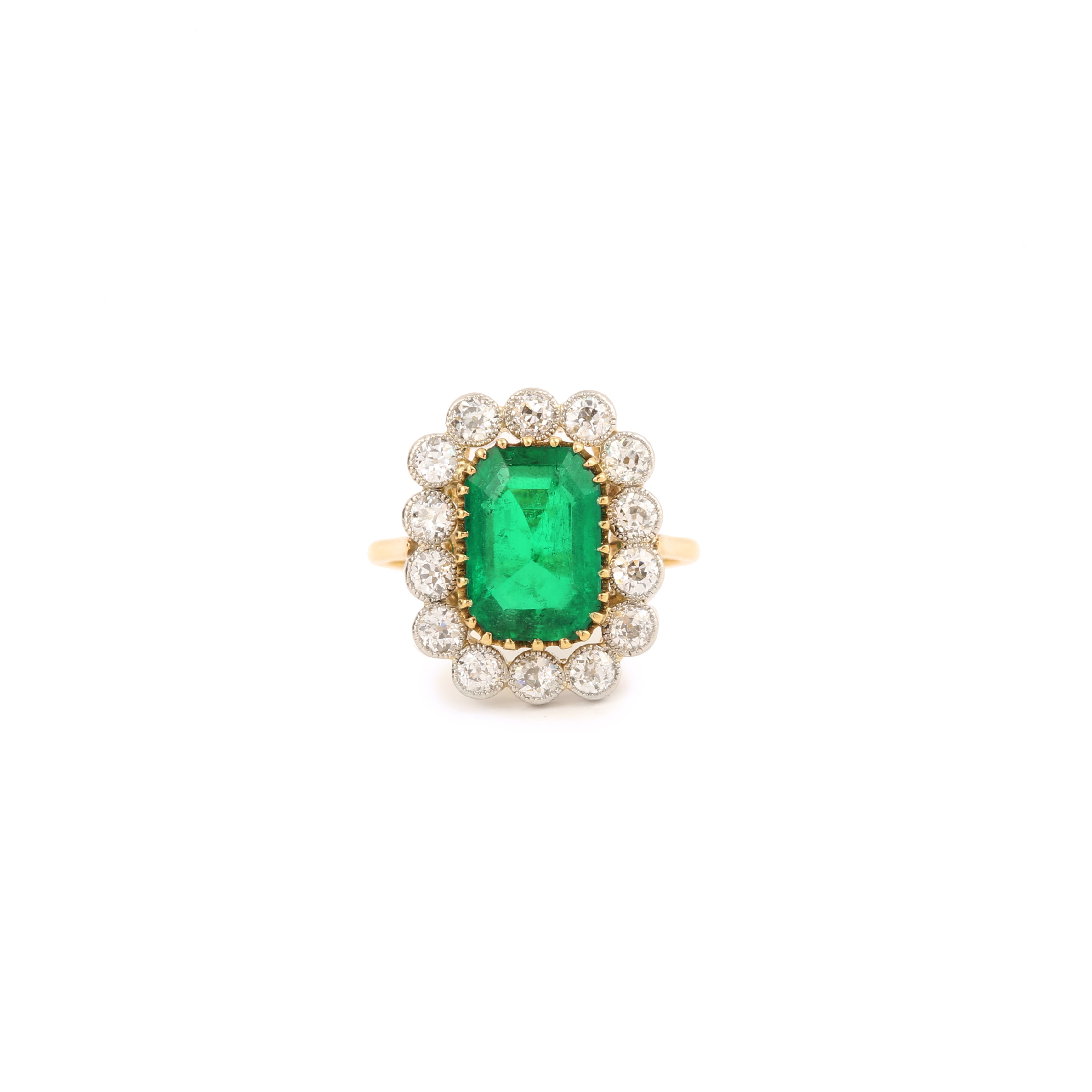 Certified 3 Carats Colombian Emerald Diamonds Platinum And 18K Yellow Gold Cluster Ring