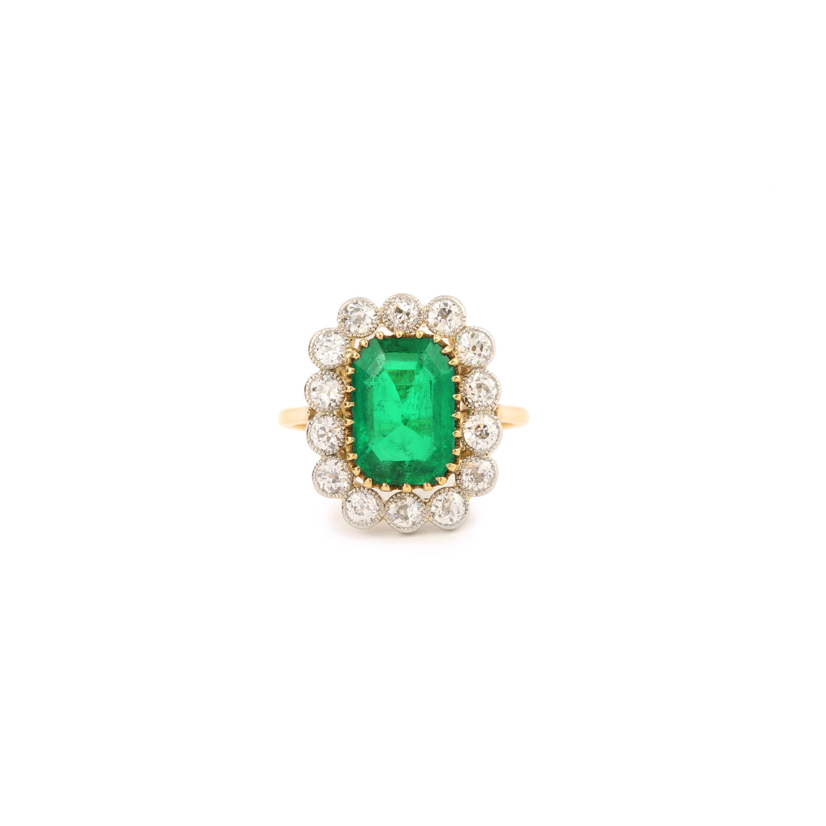 Certified 3 Carats Colombian Emerald Diamonds Platinum And 18K Yellow Gold Cluster Ring