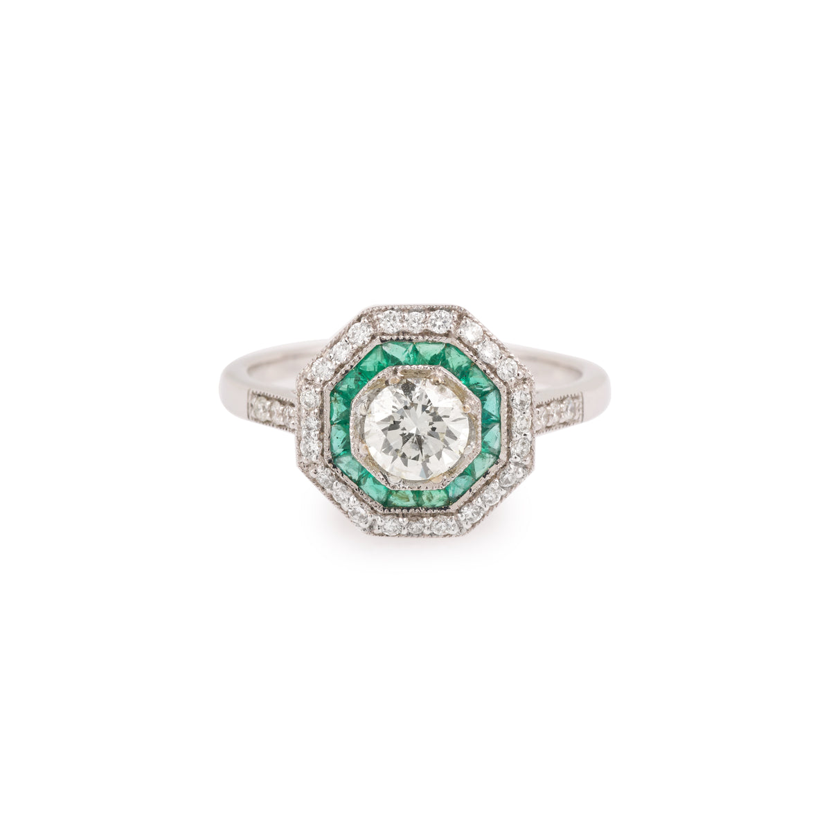 Art Deco Diamonds Emeralds Paving 18 Karat White Gold Ring