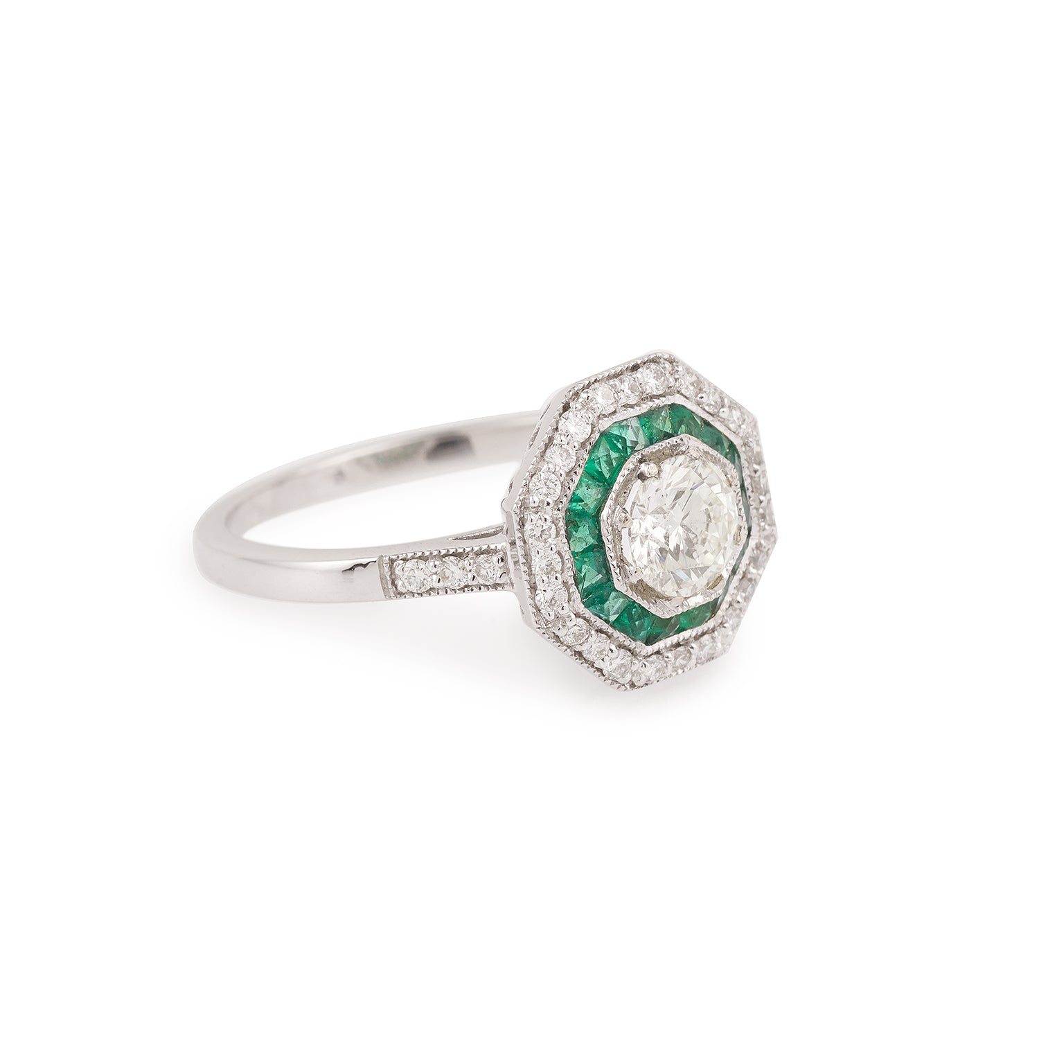 Art Deco Diamonds Emeralds Paving 18 Karat White Gold Ring