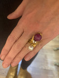 Gilbert Albert Toi & Moi Ruby Pearl Diamonds 18 Carats Yellow Gold Ring