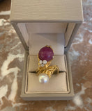 Gilbert Albert Toi & Moi Ruby Pearl Diamonds 18 Carats Yellow Gold Ring