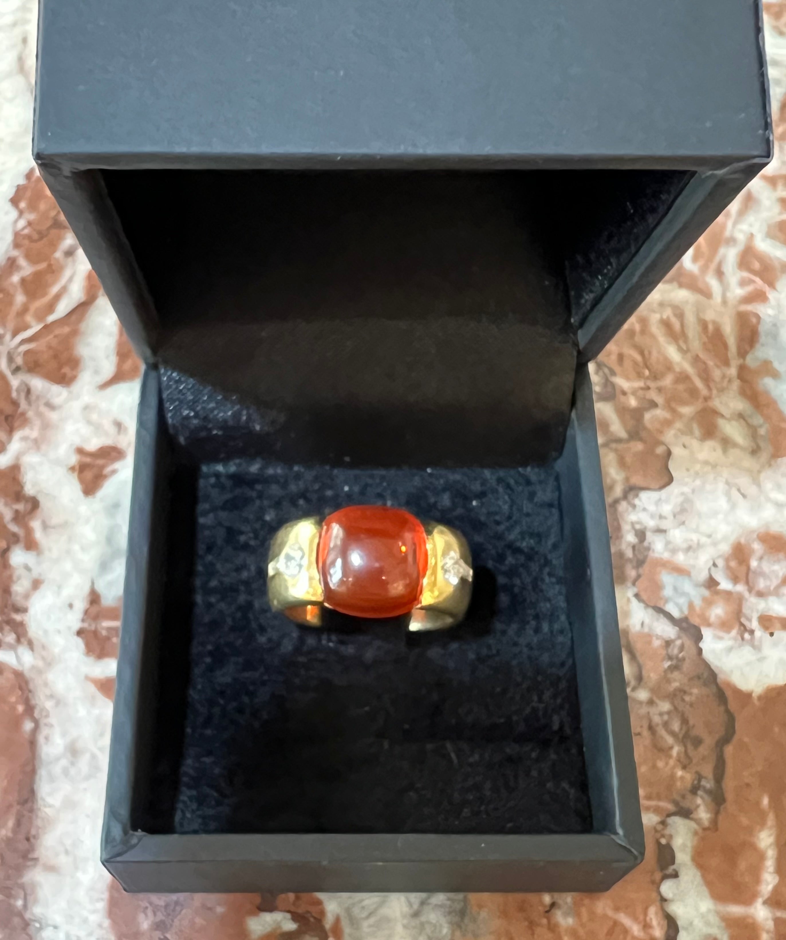 Fire Opal Cabochon Diamonds 18 Carat Yellow Gold Ring