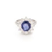 Bague Pompadour Saphir Ceylan Non Chauffé 2 Carats Diamants Or gris 18 Carats (Certificat)