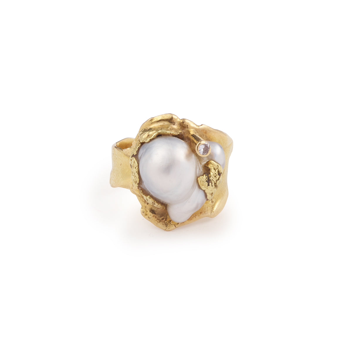 Roland Schad Baroque Pearl Diamond 18 Carat Yellow Gold Ring