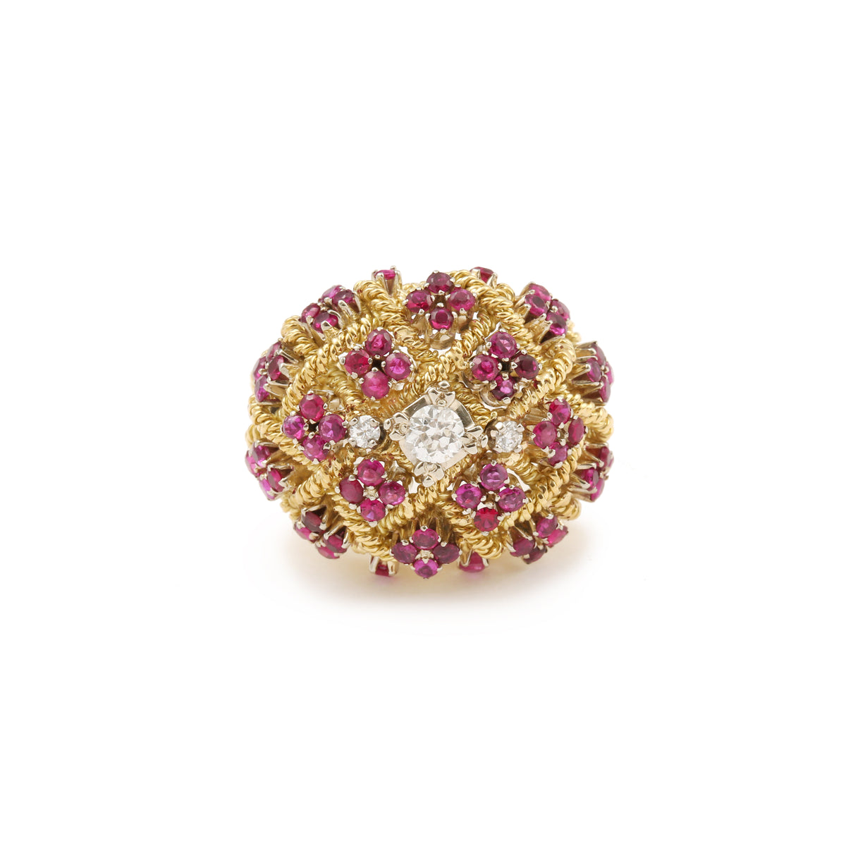 Bague Rétro Bombée Rubis 1.50 Carats Diamants Or Jaune 18 Carats