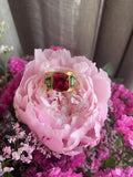 Square Rubellite and Green Tourmaline 18K Yellow Gold Band Ring