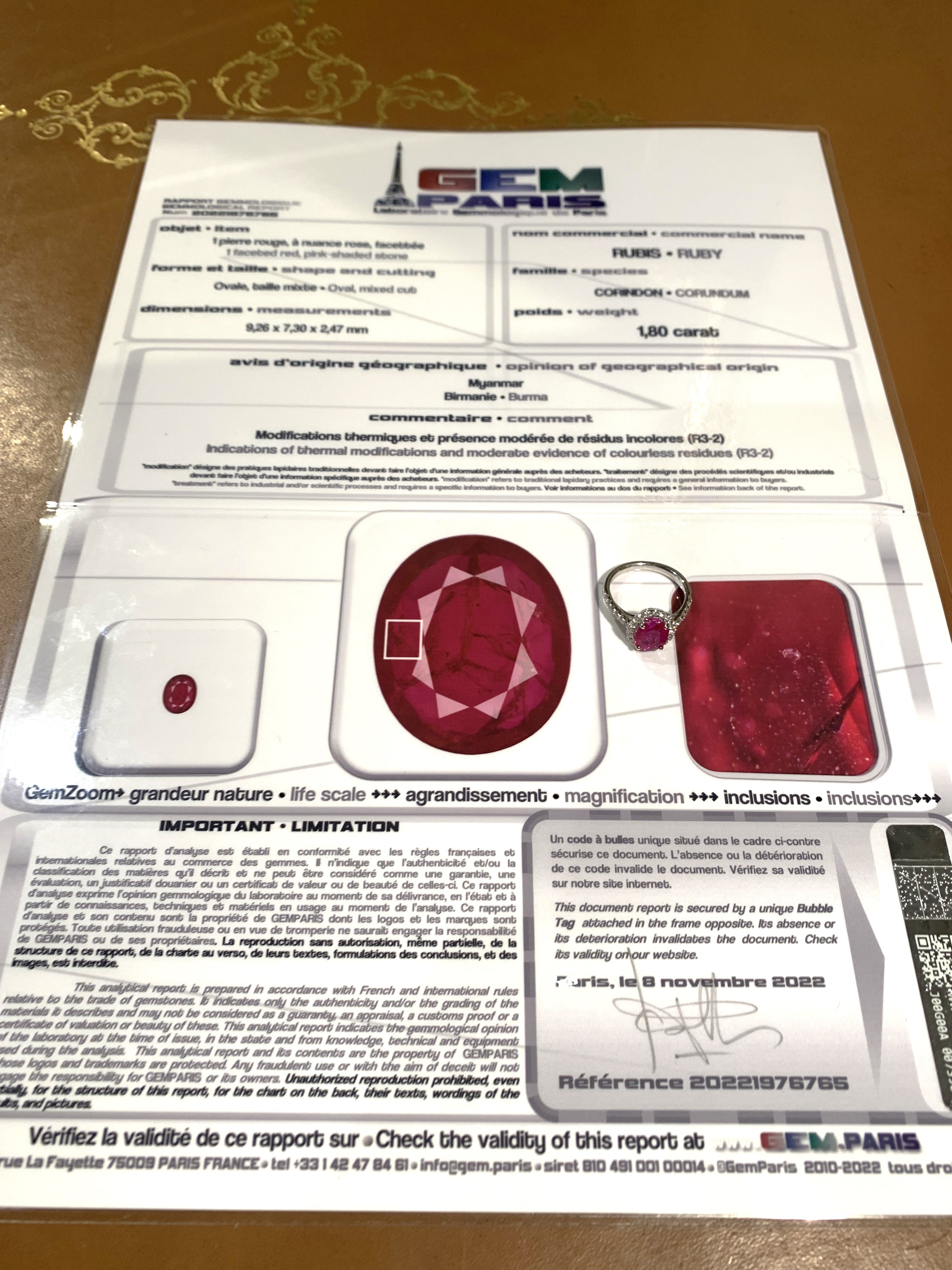 Bague Rubis Birmanie 1.80 Carats Diamants Or Gris 18 Carats (Certificat)
