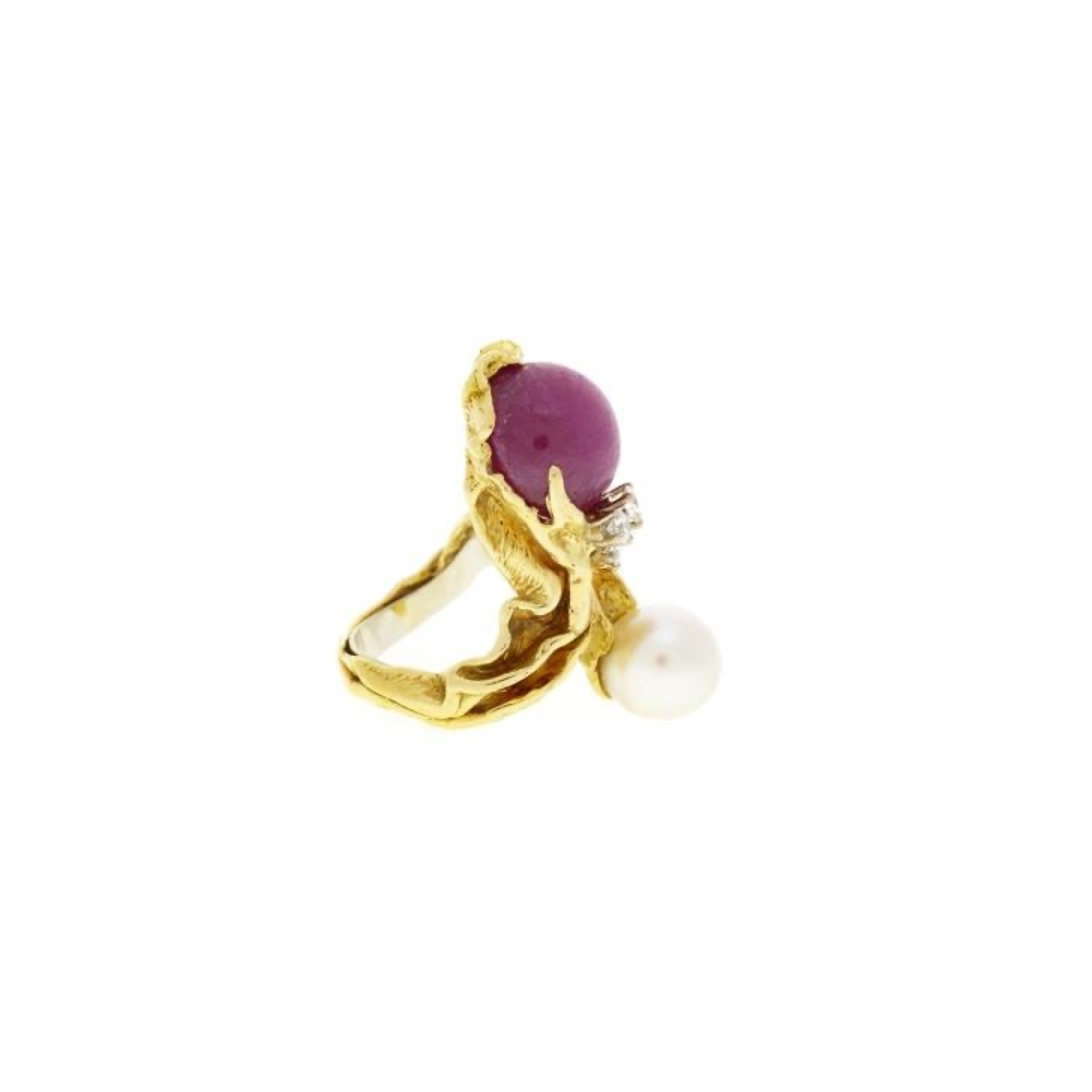 Gilbert Albert Toi & Moi Ruby Pearl Diamonds 18 Carats Yellow Gold Ring