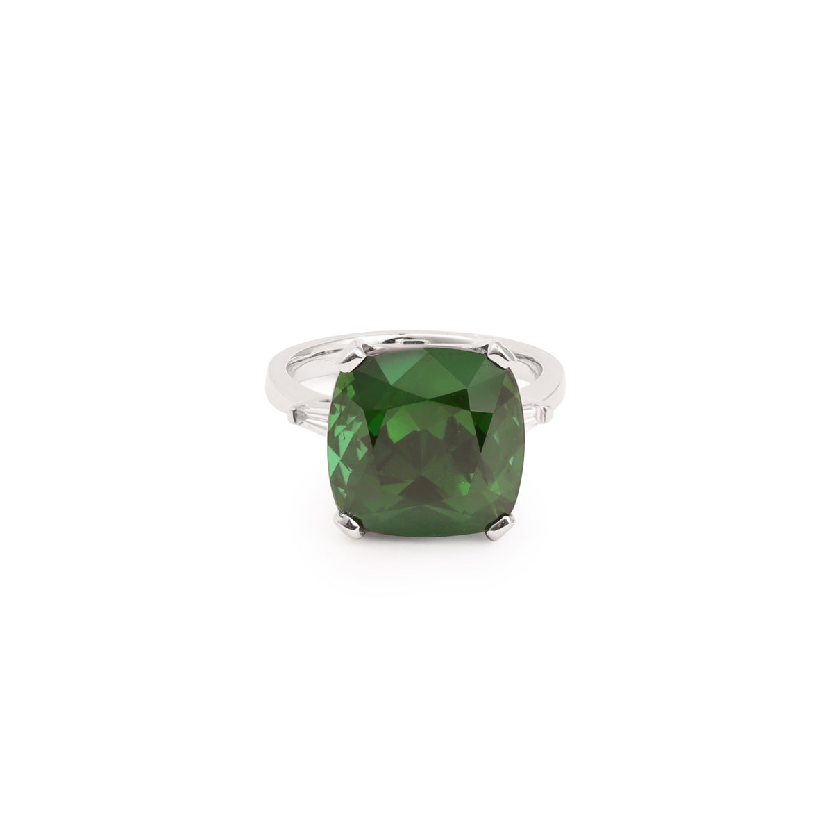 Bague Tourmaline Verte 10.33 Carats Coussin Diamants Or Gris 18 Carats