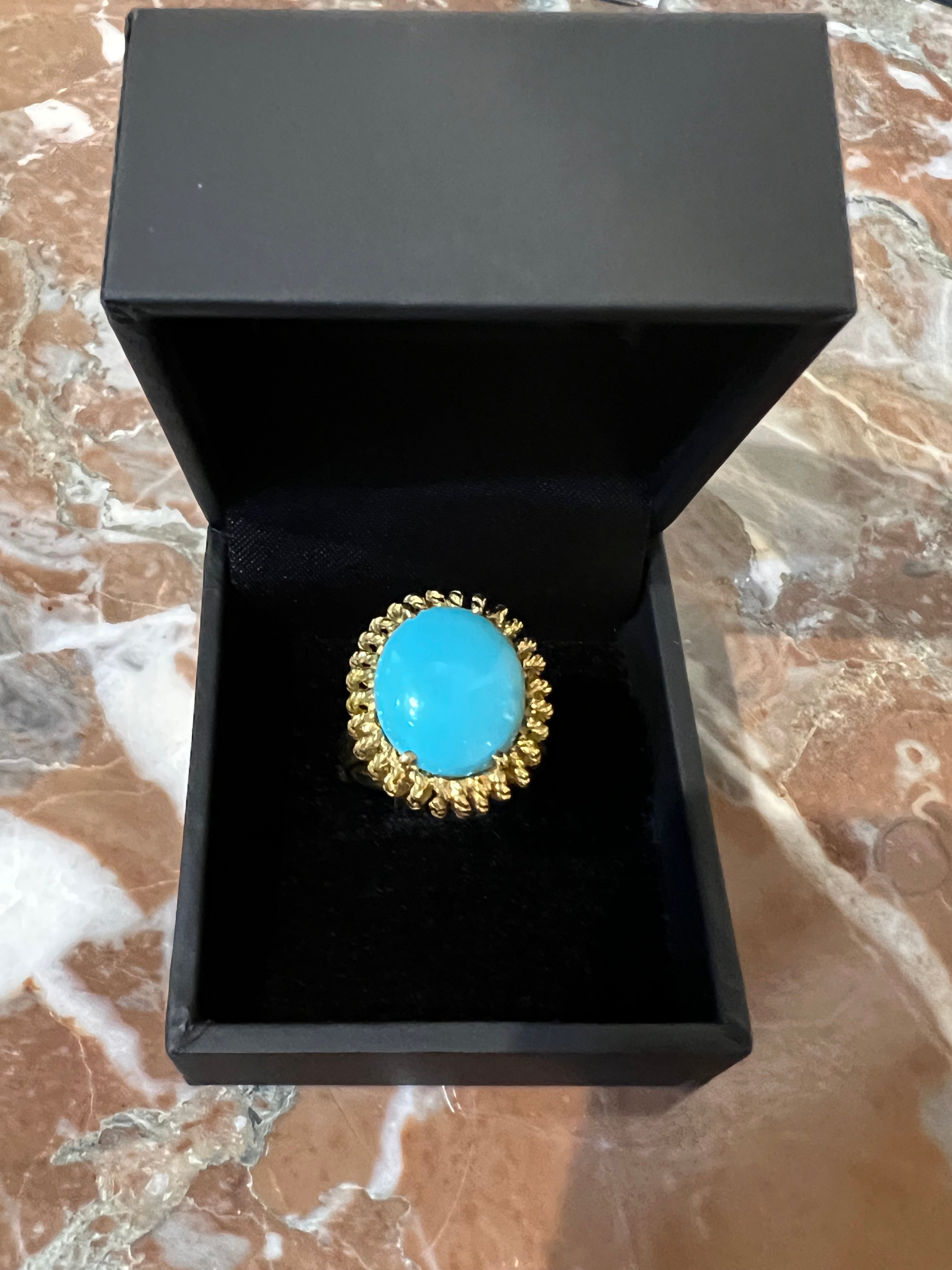 Bague Oursin Vintage Cabochon Turquoise Or Jaune 18 Carats