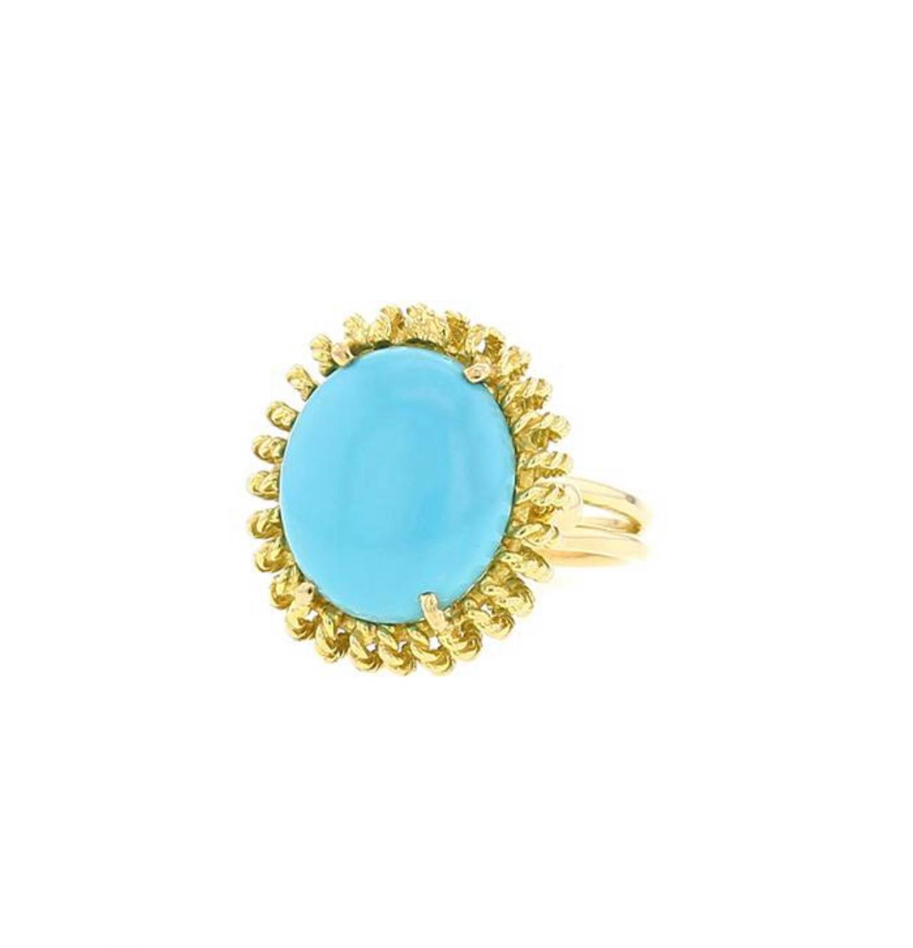 Bague Oursin Vintage Cabochon Turquoise Or Jaune 18 Carats