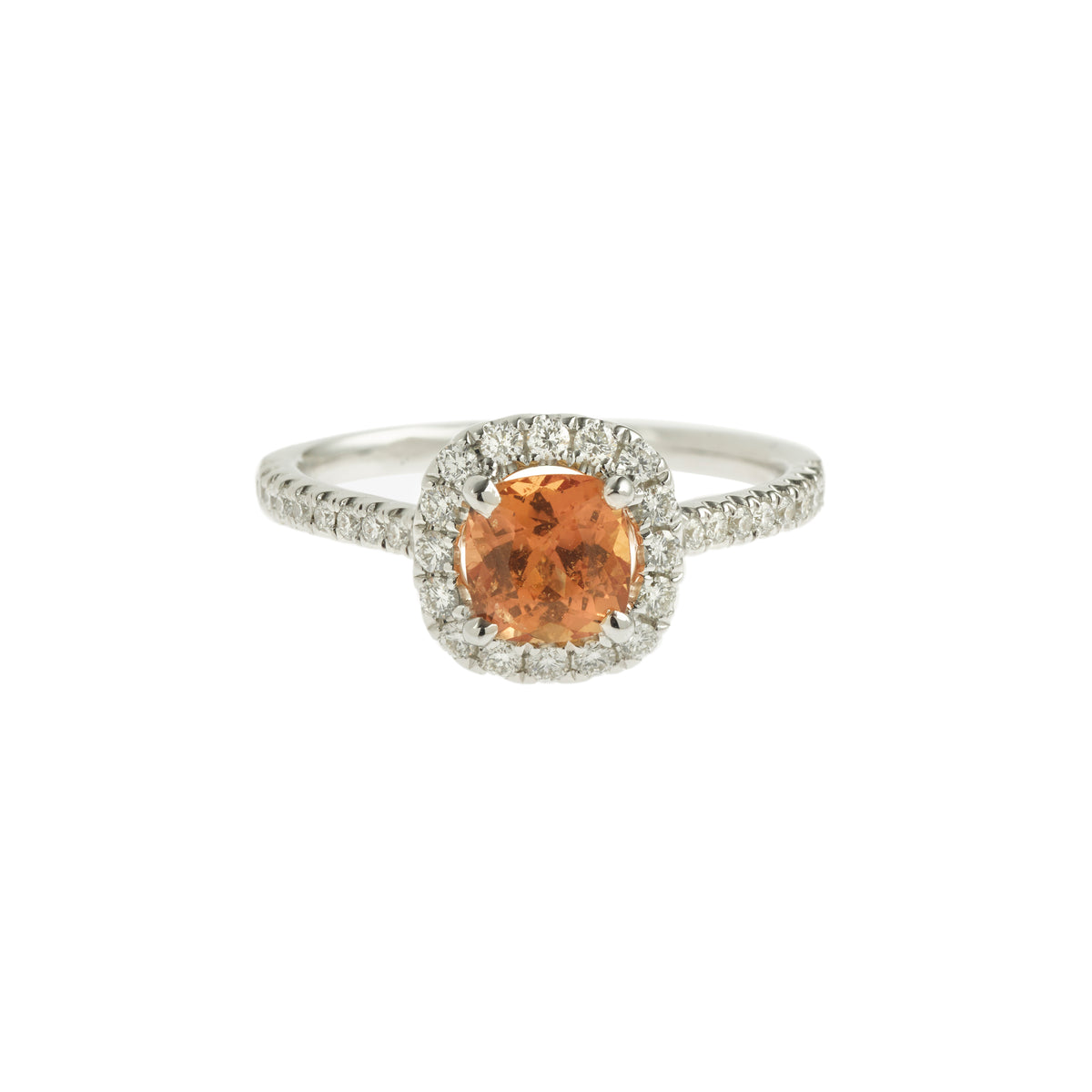 Bague Saphir Orange Coussin Non Chauffé 1,20 Carats Diamants Or gris 18 Carats. Certificat Gem Paris