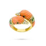 Van Cleef and Arpels Duck Toi Et Moi Coral Diamonds Emeralds 18 Carats Yellow Gold Ring