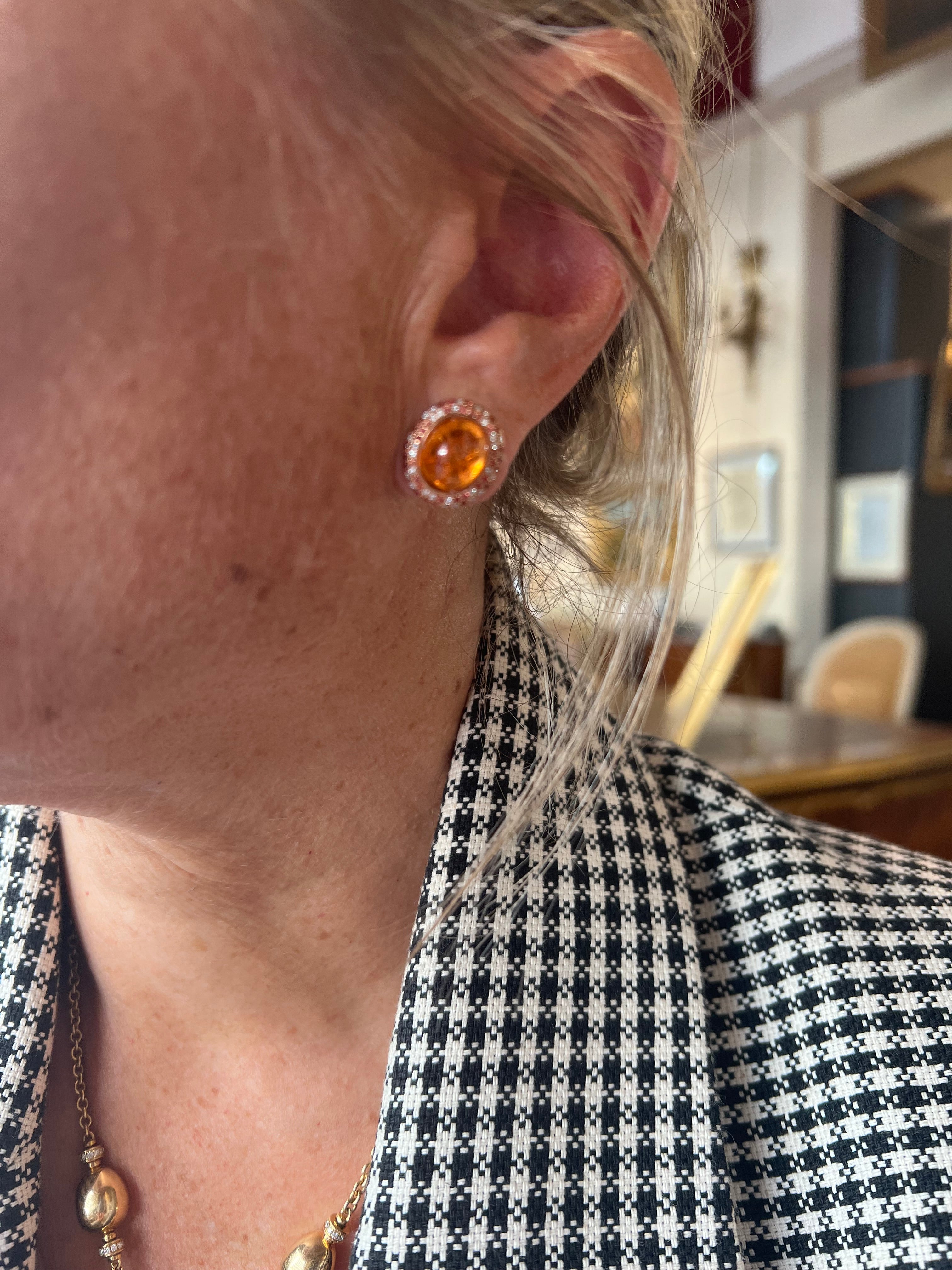 Boucles d'Oreilles Grenat Spessartite Saphirs Orange diamants Or rose 18 Carats