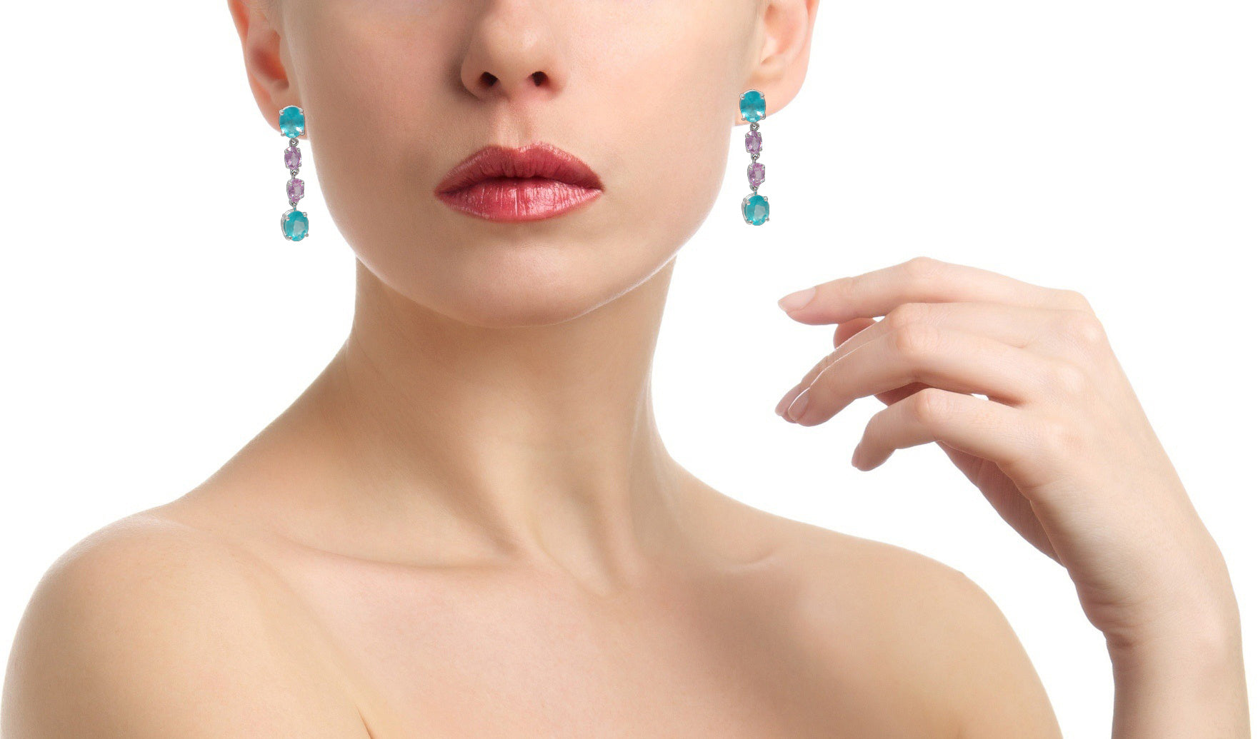 Boucles d’Oreilles Apatites Saphirs Roses Or Gris 18 Carats