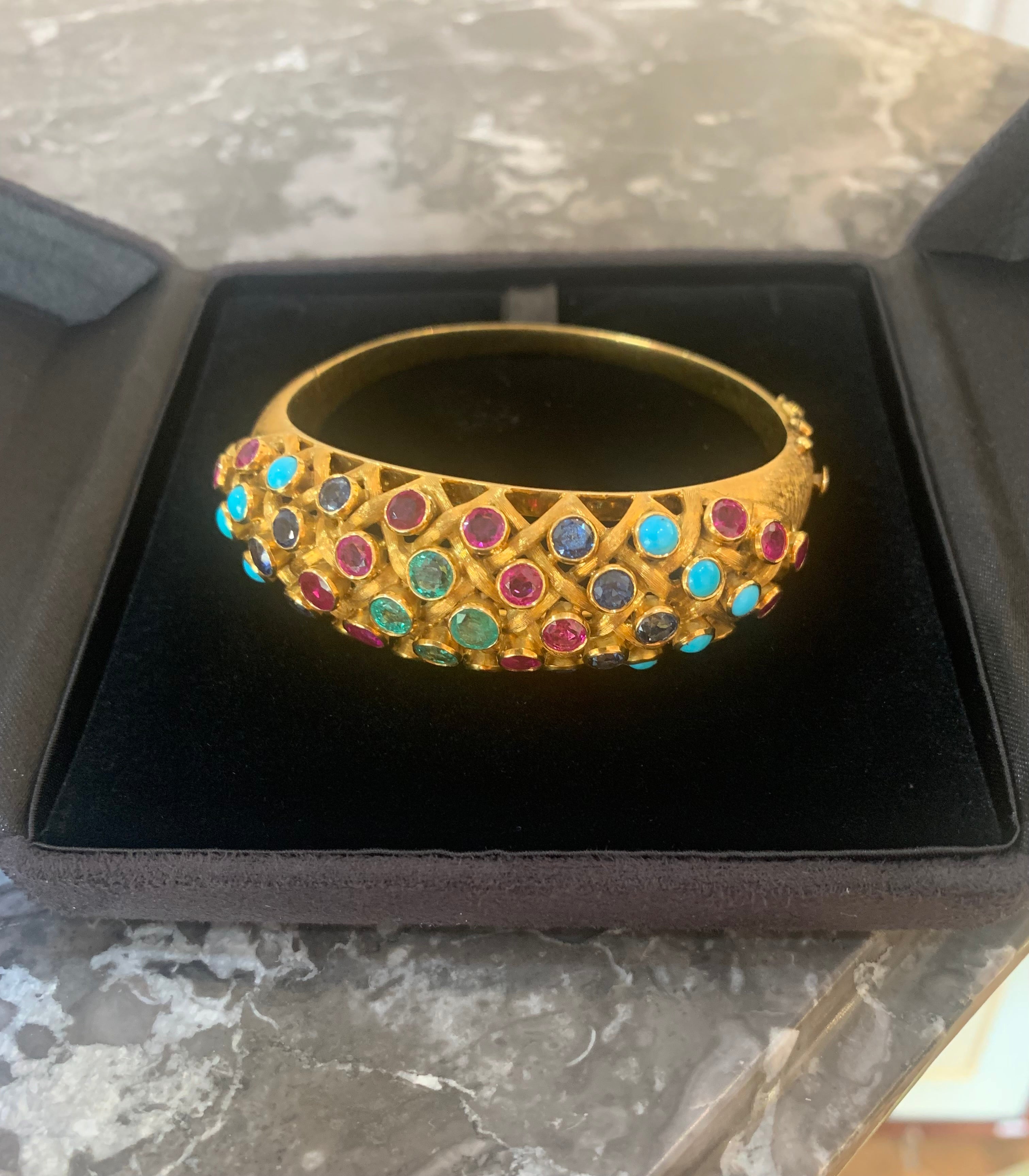 Sapphires, Rubies, Emeralds, Turquoise and 18 Carat Yellow Gold Bangle Bracelet