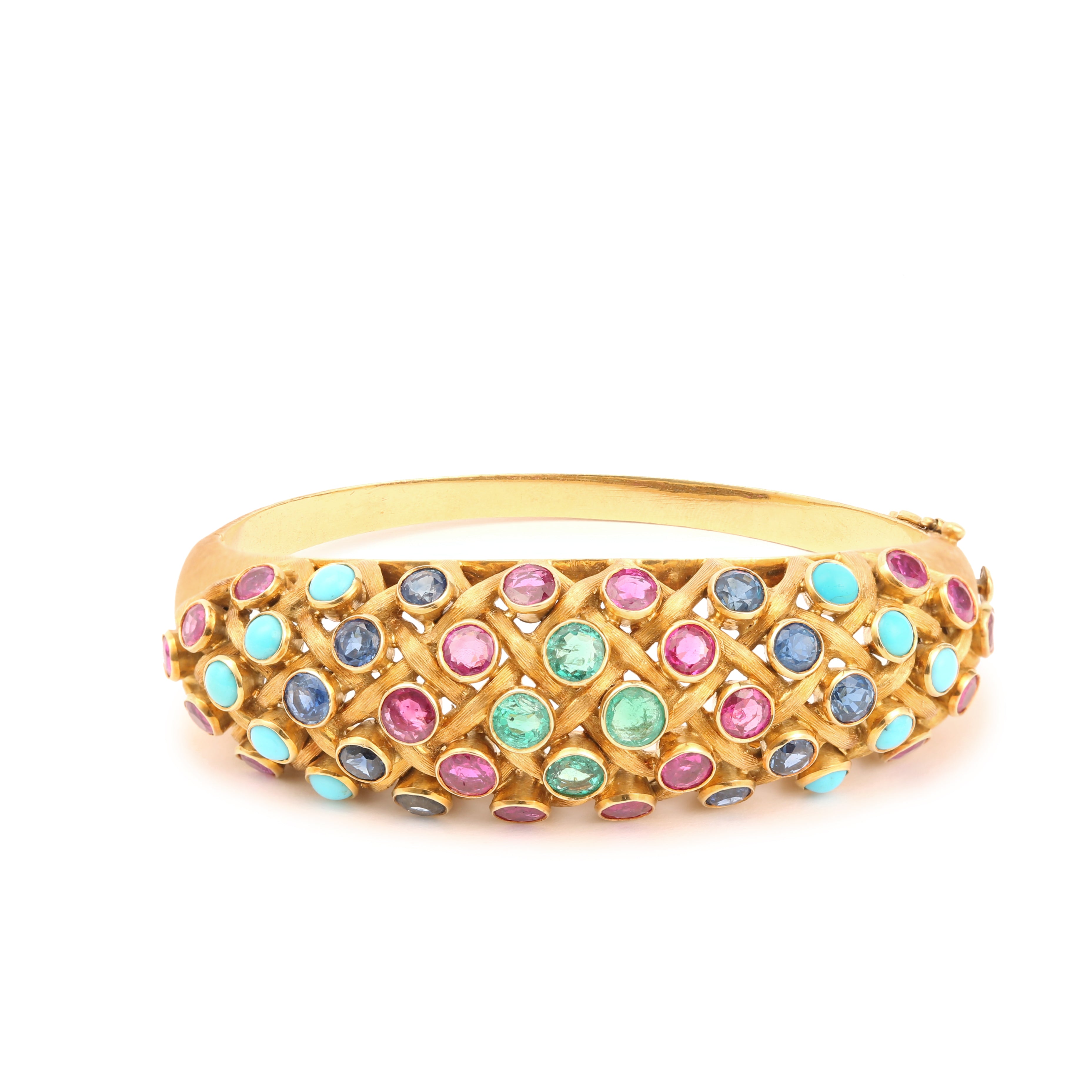 Sapphires, Rubies, Emeralds, Turquoise and 18 Carat Yellow Gold Bangle Bracelet
