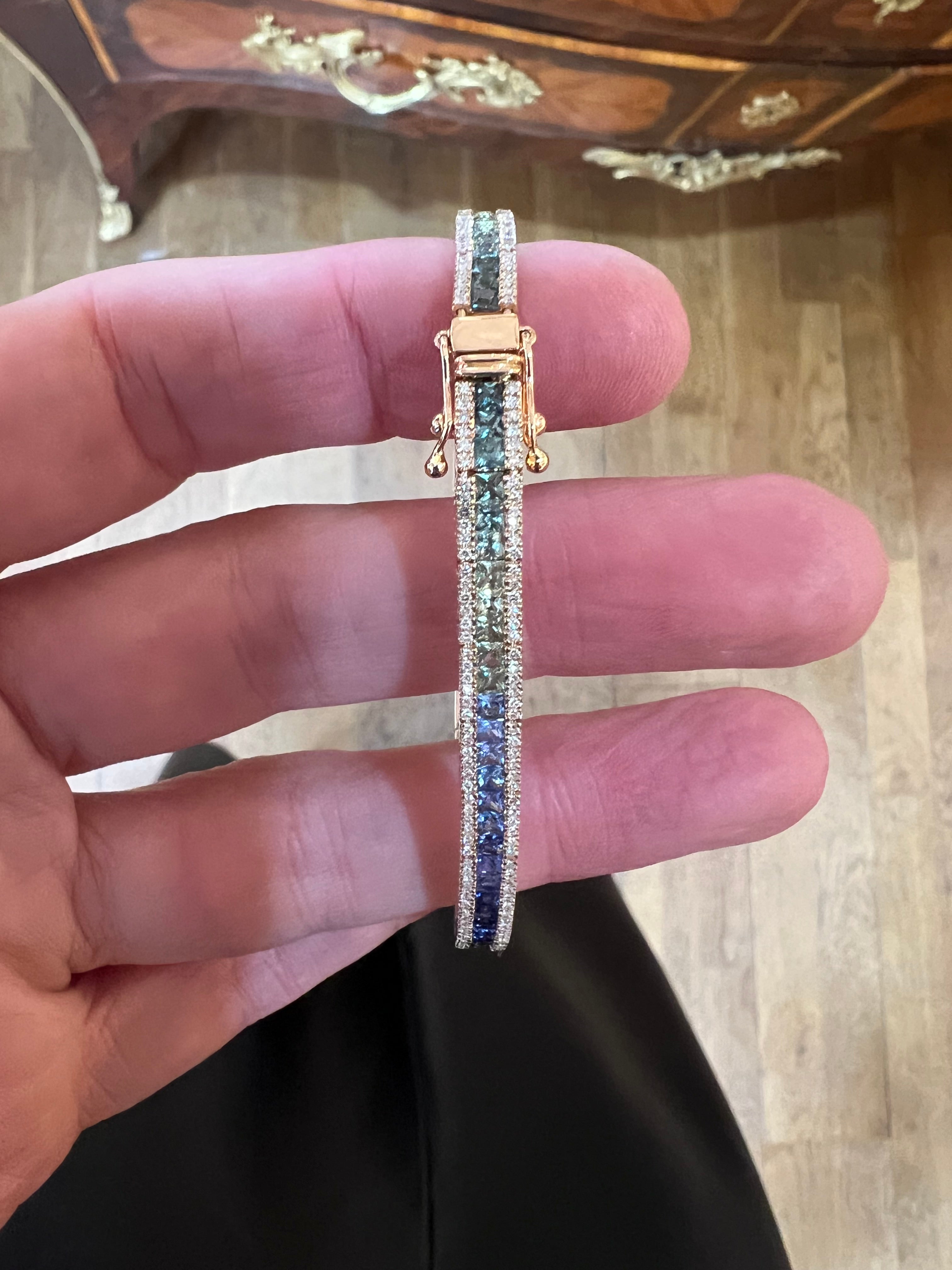 5.70 Carats Rainbow Sapphire & Diamonds 18 Carats Rose Gold Tennis Bracelet