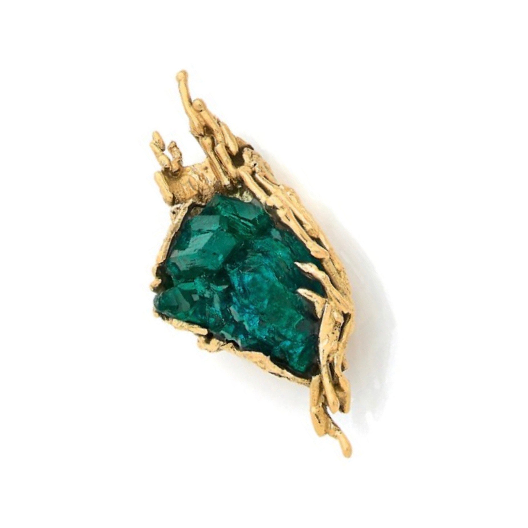 Broche Dioptase Brute Or Jaune Granité 18 Carats Signée Roland Schad