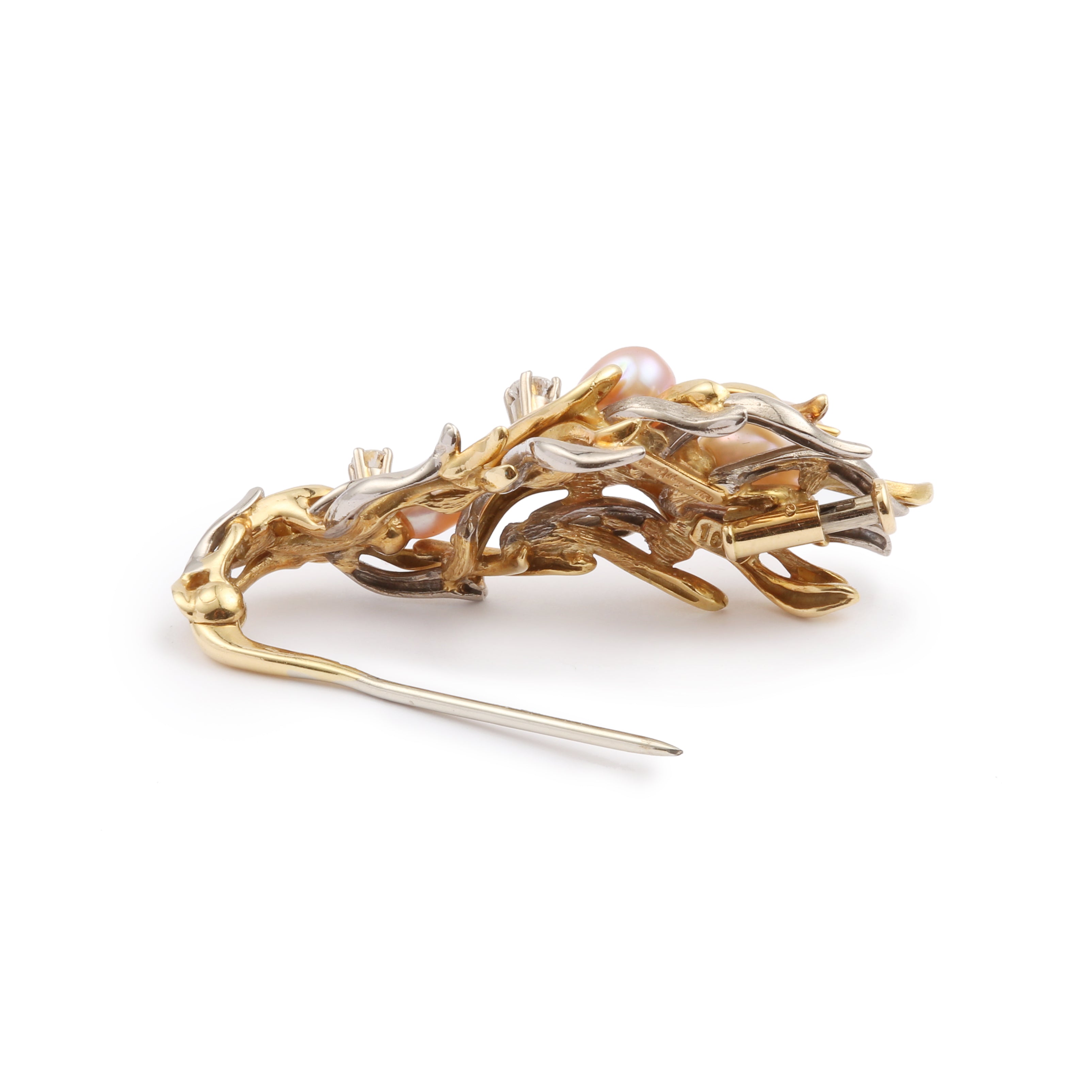 Gilbert Albert Pearls Diamonds 18 Carat Yellow Gold Seaweed Brooch