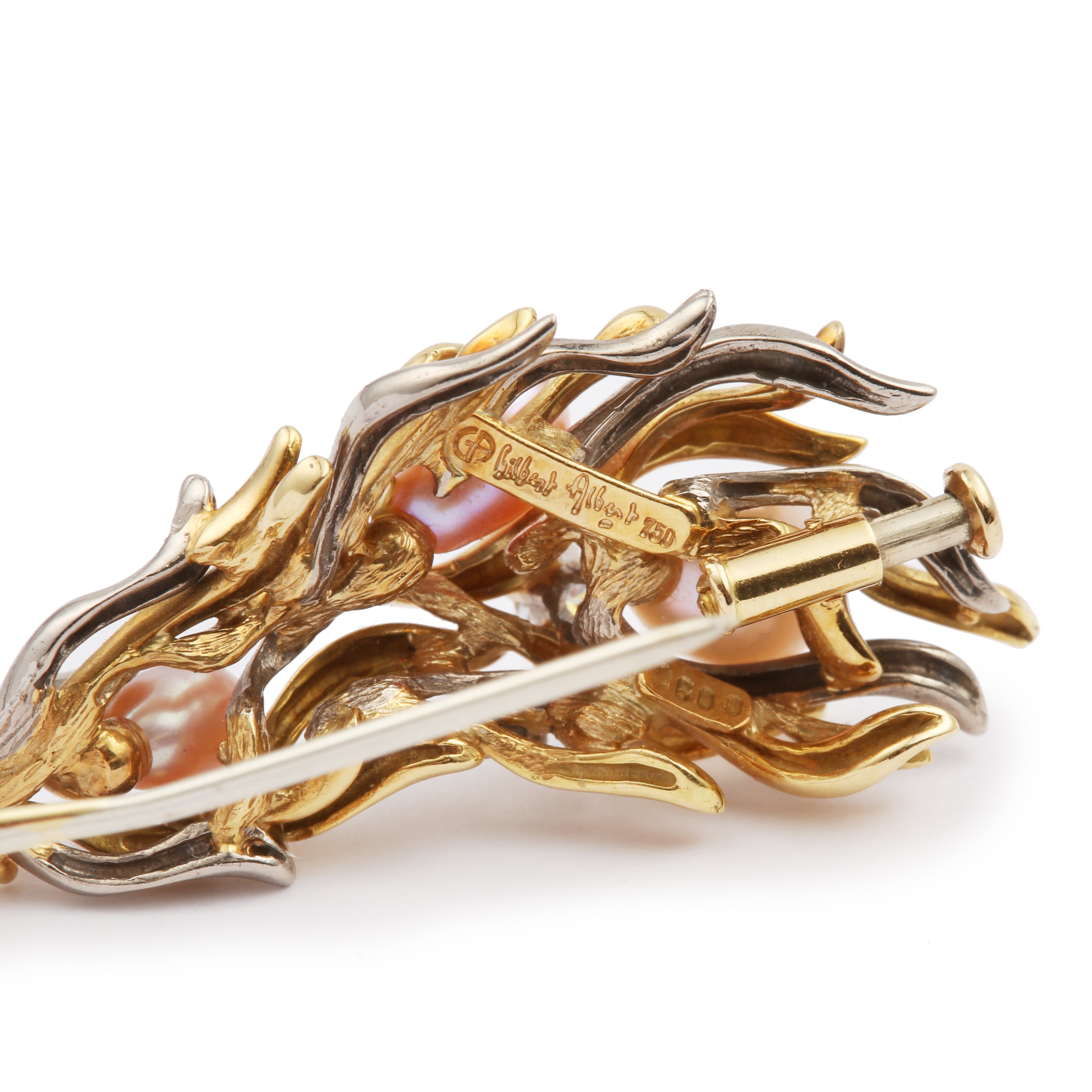 Gilbert Albert Pearls Diamonds 18 Carat Yellow Gold Seaweed Brooch