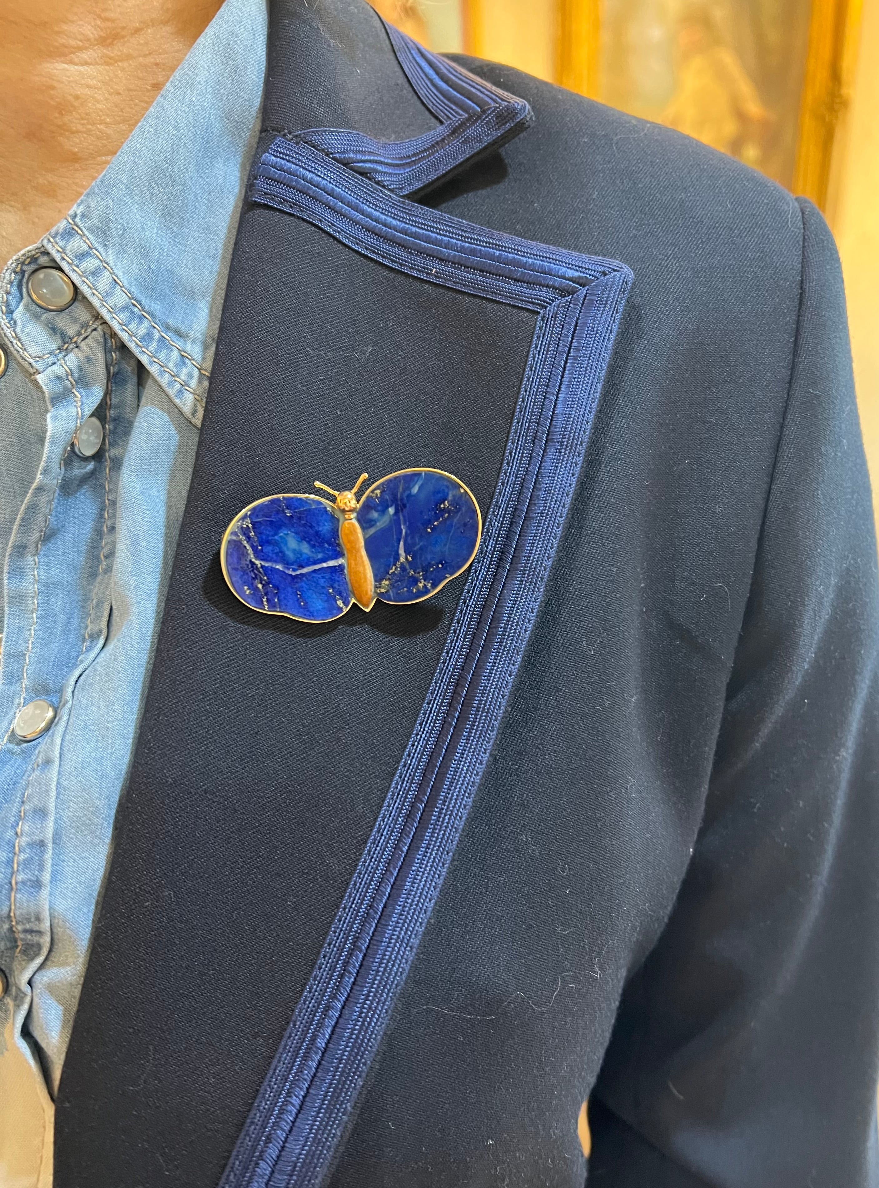 Broche Papillon Lapis-Lazuli Jaspe Or Jaune 18 Carats