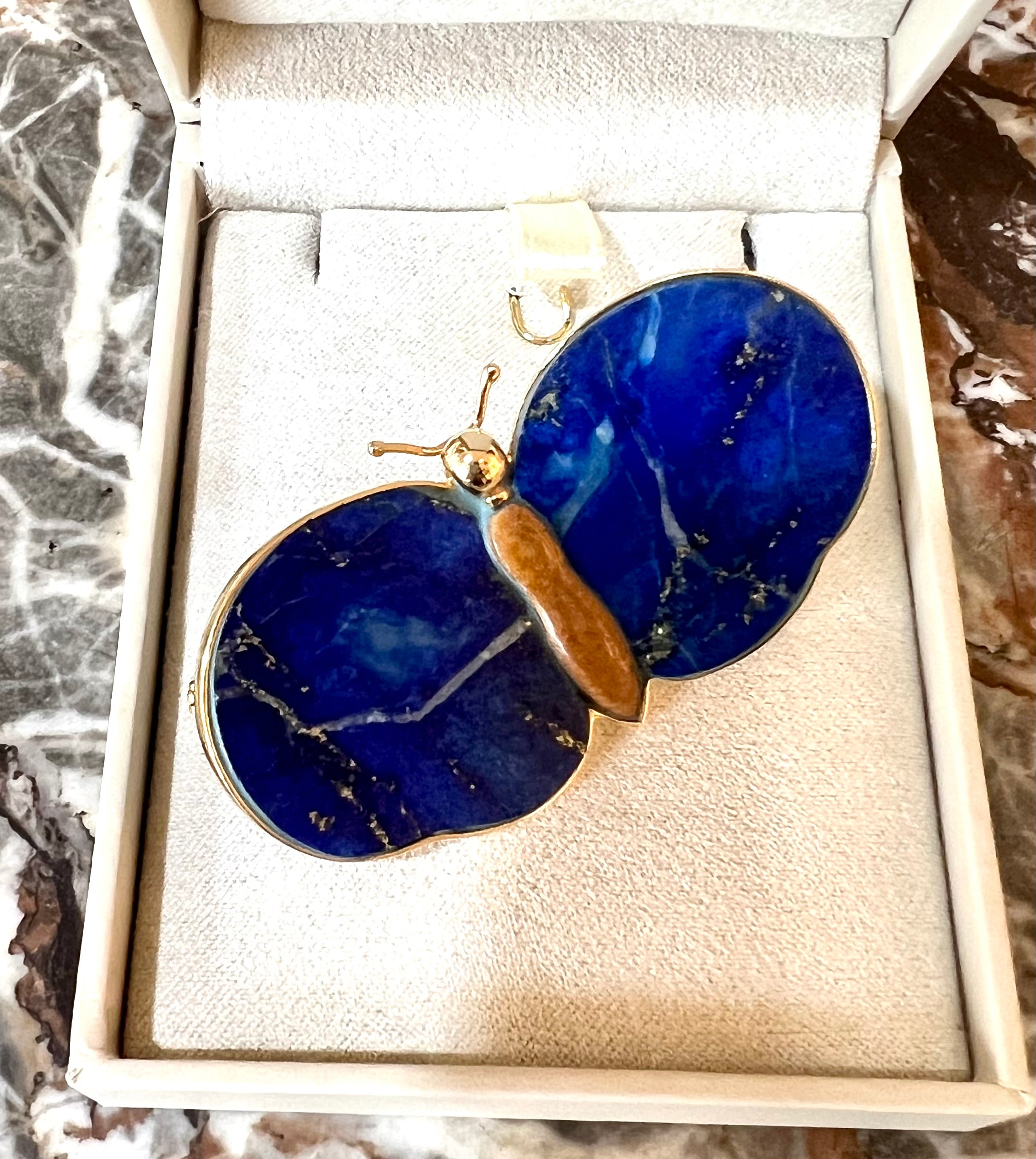 Lapis-Lazuli Jasper 18K Yellow Gold Butterfly Brooch