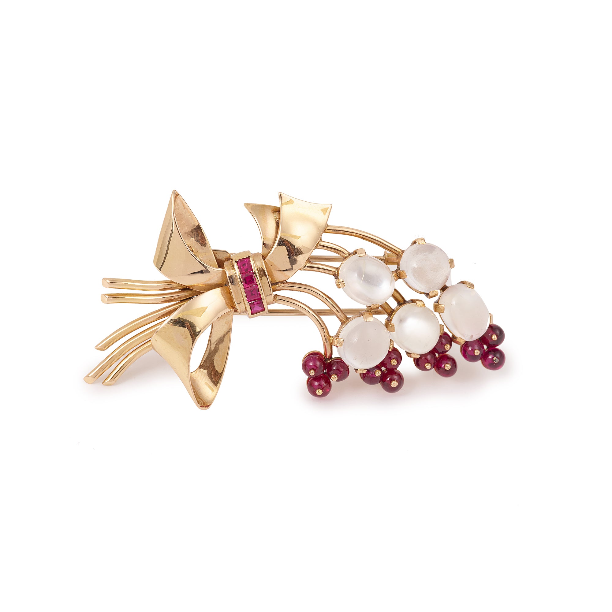 Retro Moonstone and Red Stones Bouquet 18K Yellow Gold Brooch