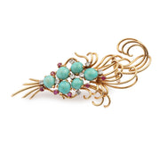 Broche Rétro Végétale Turquoises Rubis Diamants Or Jaune 18 Carats