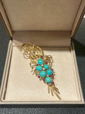 Broche Rétro Végétale Turquoises Rubis Diamants Or Jaune 18 Carats